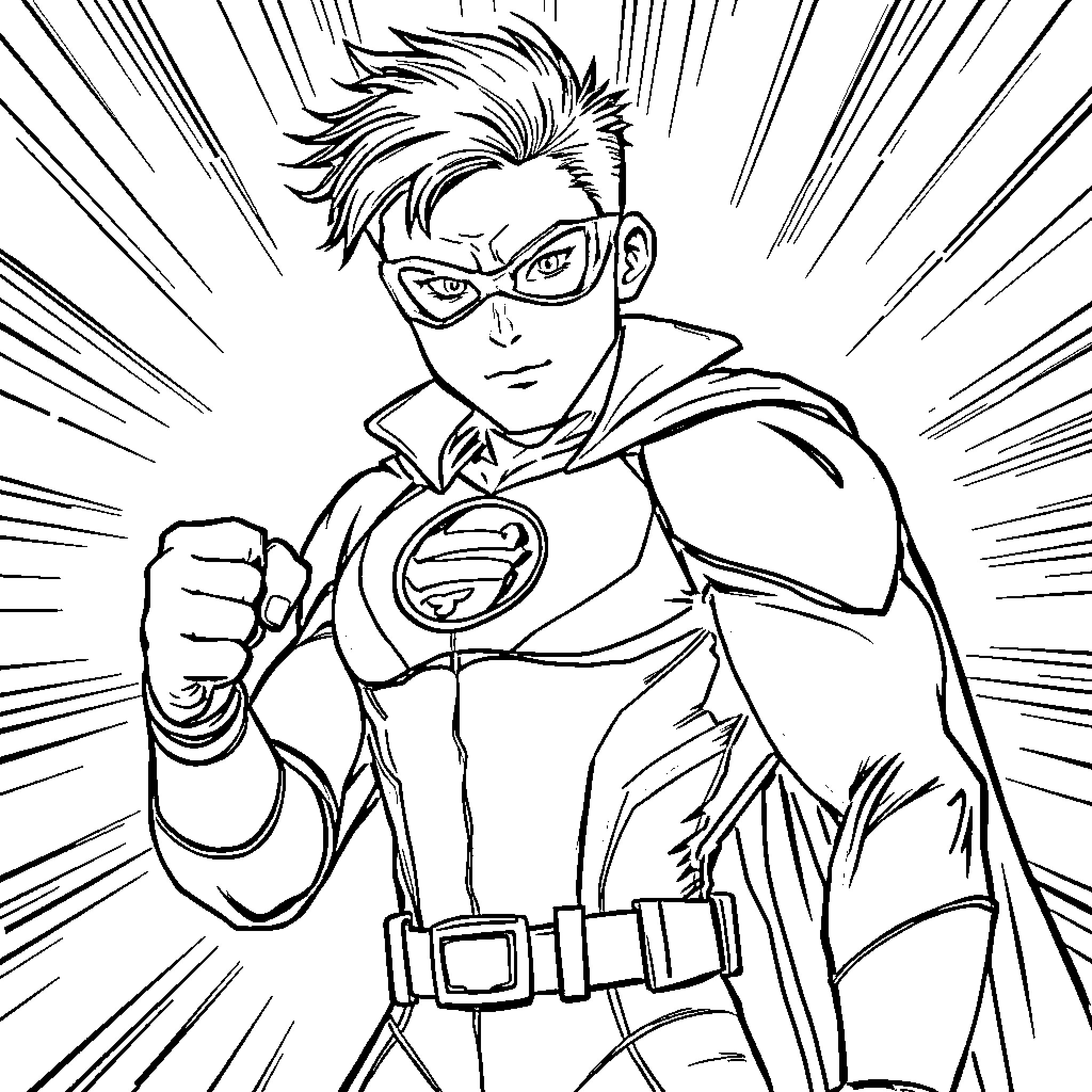 Tom Cardy as Heroic Superhero in Action Pose Coloring Page (free black-and-white line drawing printable PDF for all, from beginners to advanced learners, including children, teens, adults, and seniors)