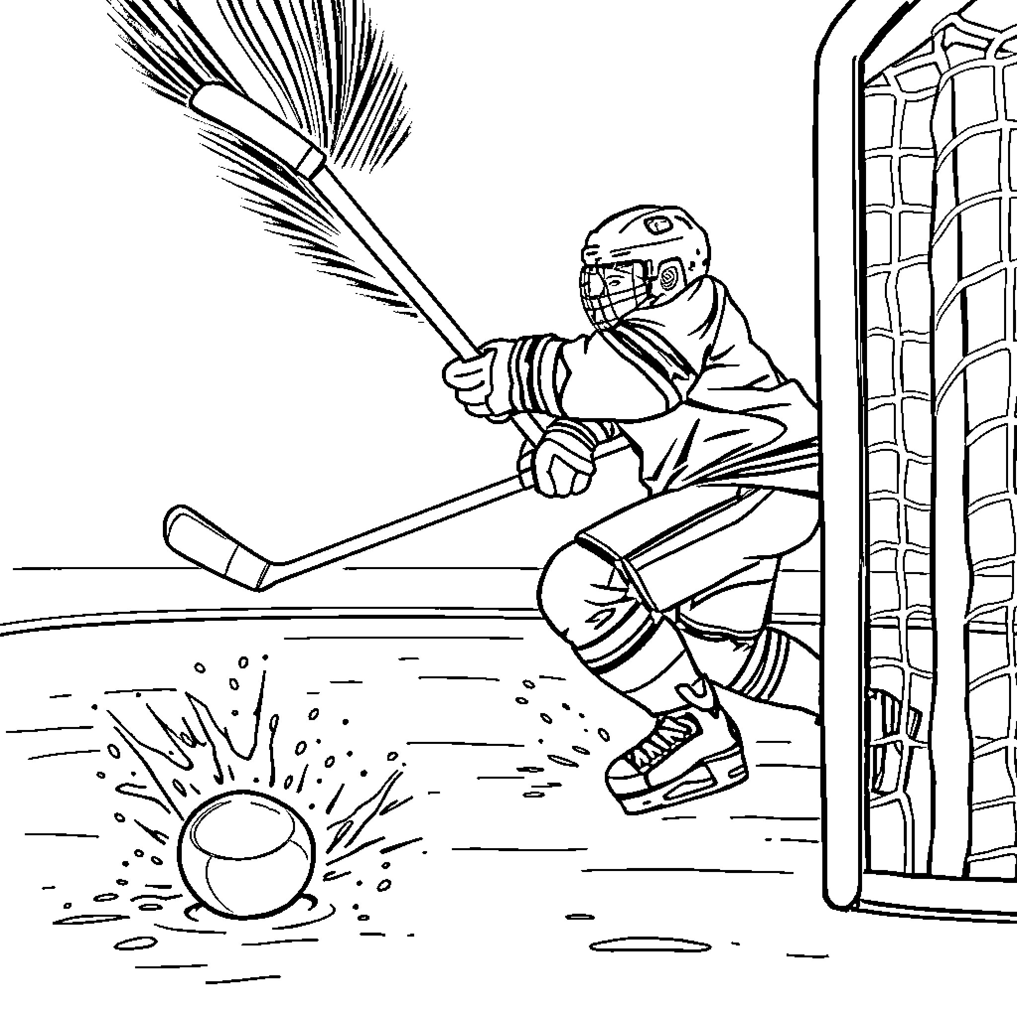 Hockey Player Scoring a Goal in Action Coloring Page (free black-and-white line drawing printable PDF for all, from beginners to advanced learners, including children, teens, adults, and seniors)