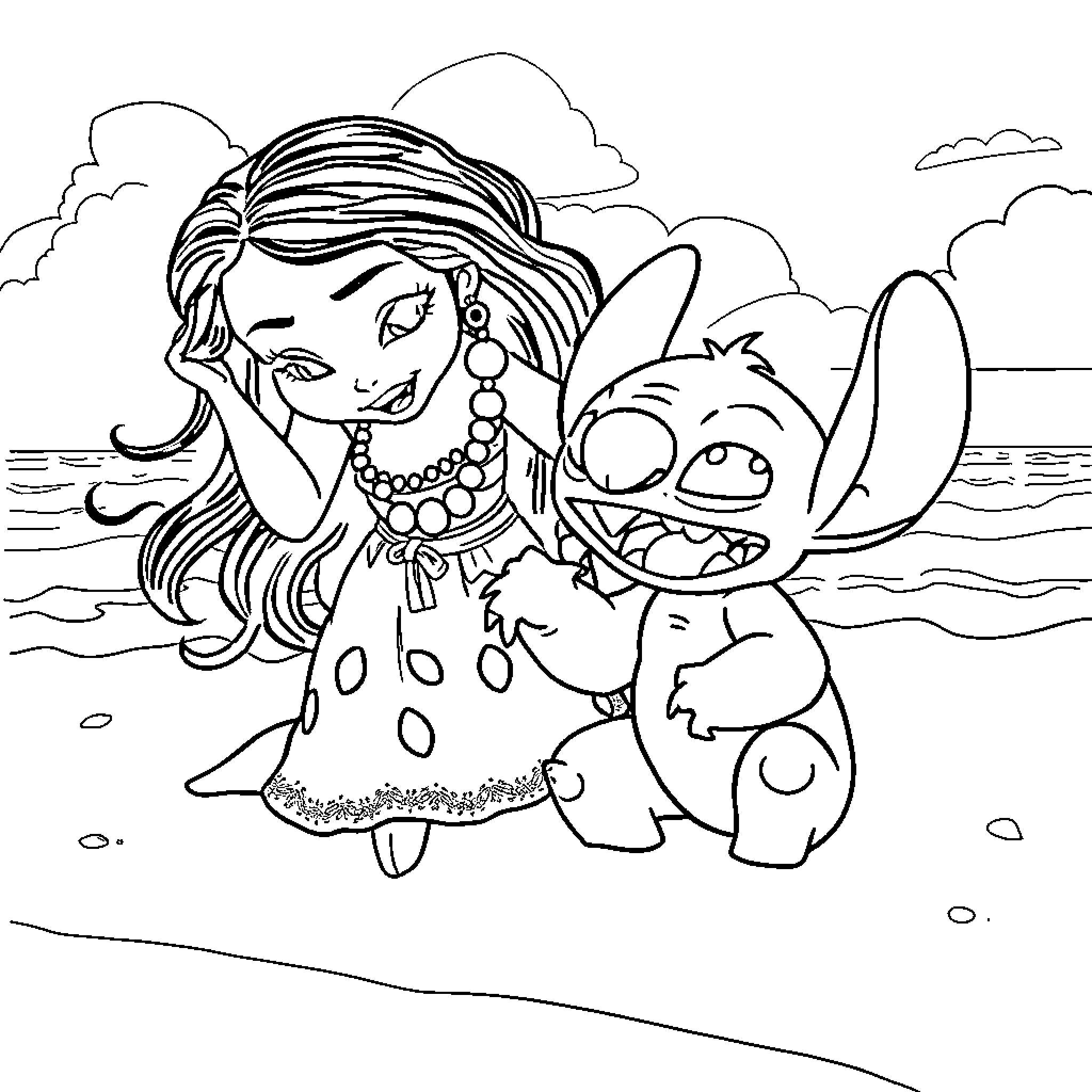 Moana and Stitch playing on the beach Coloring Page (free black-and-white line drawing printable PDF for all, from beginners to advanced learners, including children, teens, adults, and seniors)