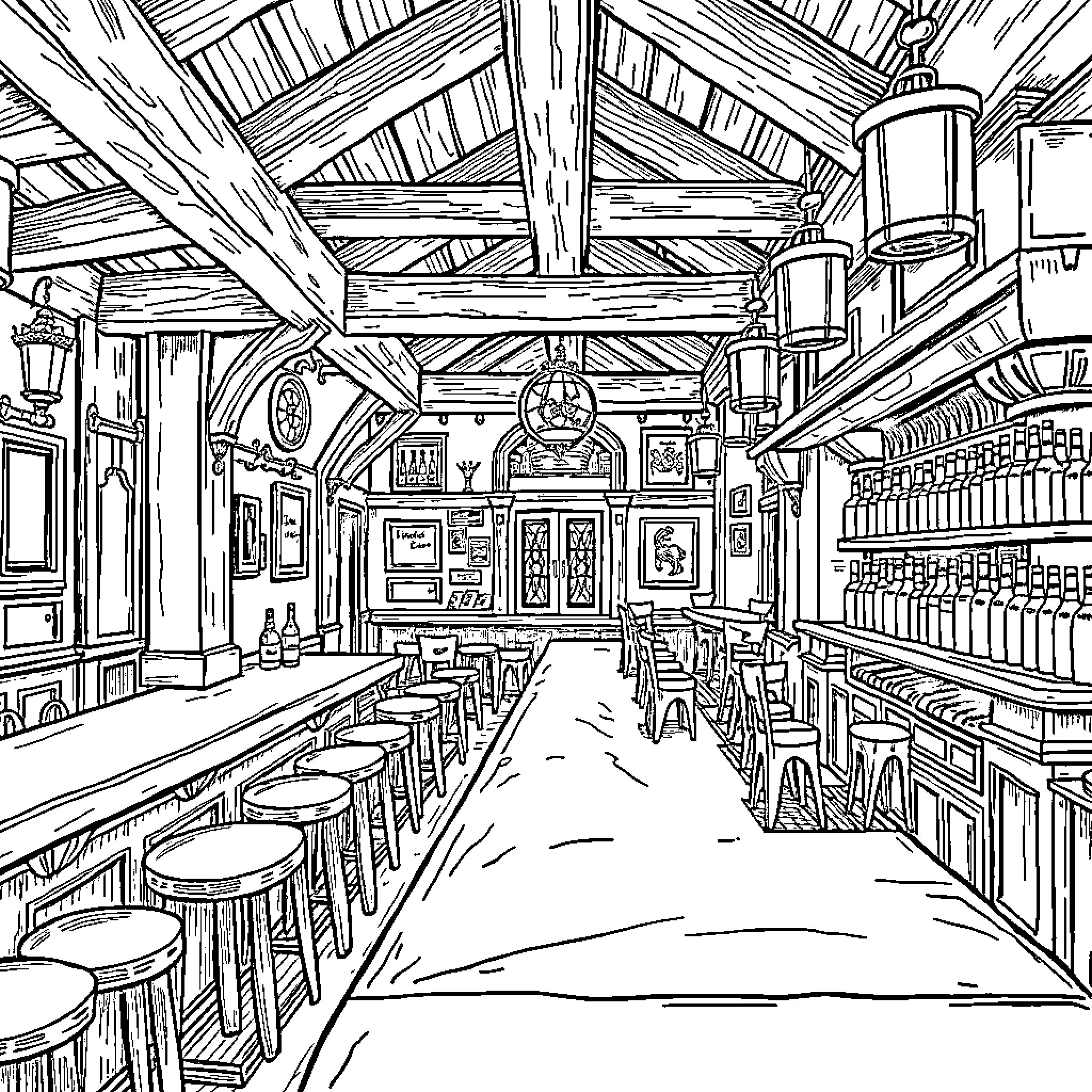 Pub Interior with Rustic Decor and Furnishings Coloring Page (free black-and-white line drawing printable PDF for all, from beginners to advanced learners, including children, teens, adults, and seniors)