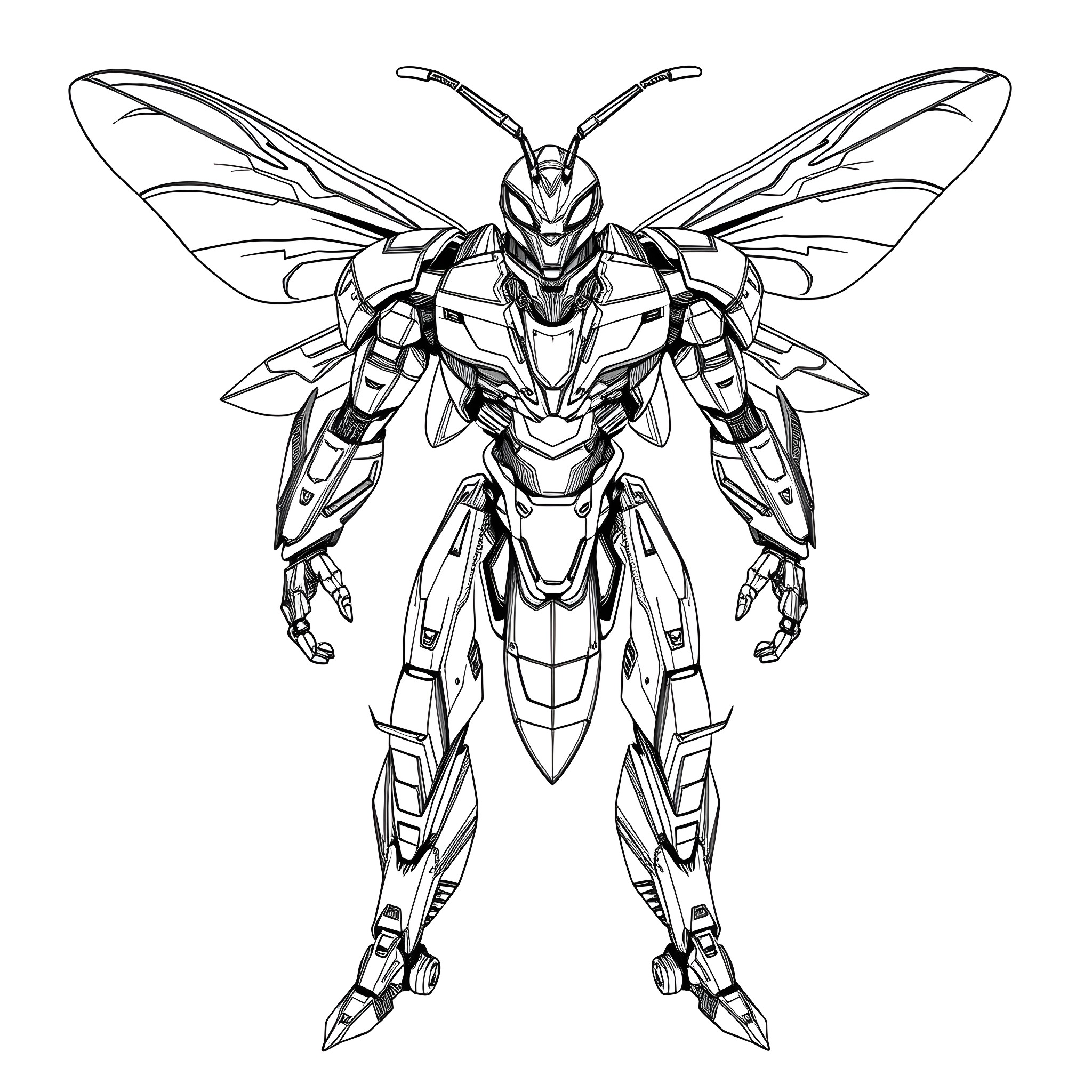Wasp-inspired mecha warrior in action pose Coloring Page (free black-and-white line drawing printable PDF for all, from beginners to advanced learners, including children, teens, adults, and seniors)