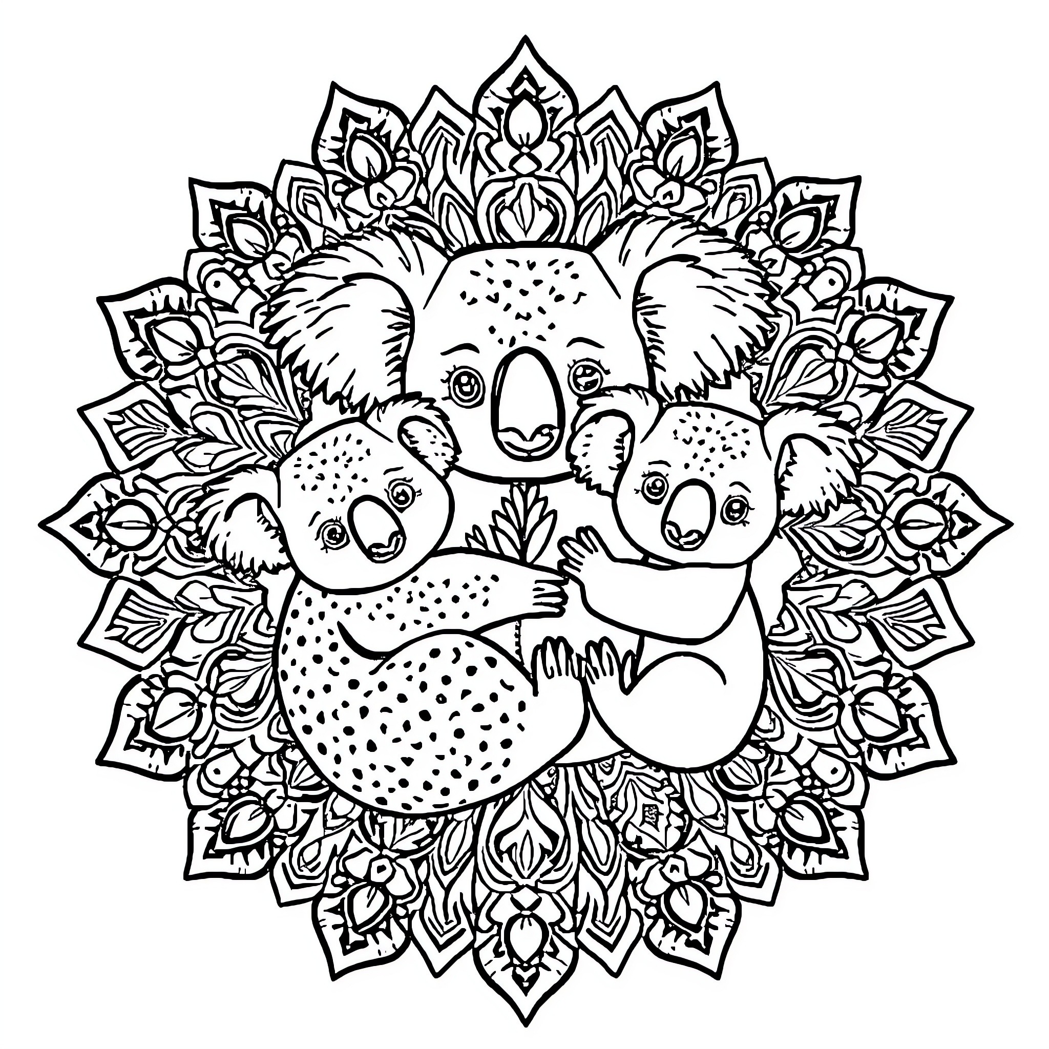 Koala family embracing in ornate floral design Coloring Page (free black-and-white line drawing printable PDF for all, from beginners to advanced learners, including children, teens, adults, and seniors)