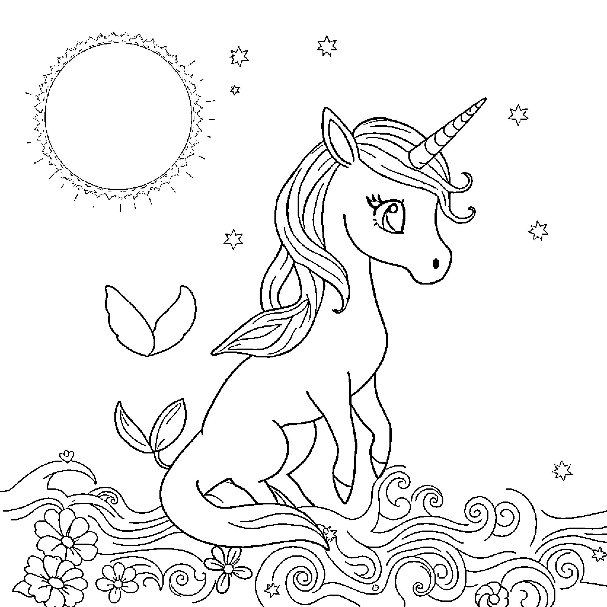 Sirenita's Enchanted Unicorn in Nature's Wonder Coloring Page (free black-and-white line drawing printable PDF for all, from beginners to advanced learners, including children, teens, adults, and seniors)