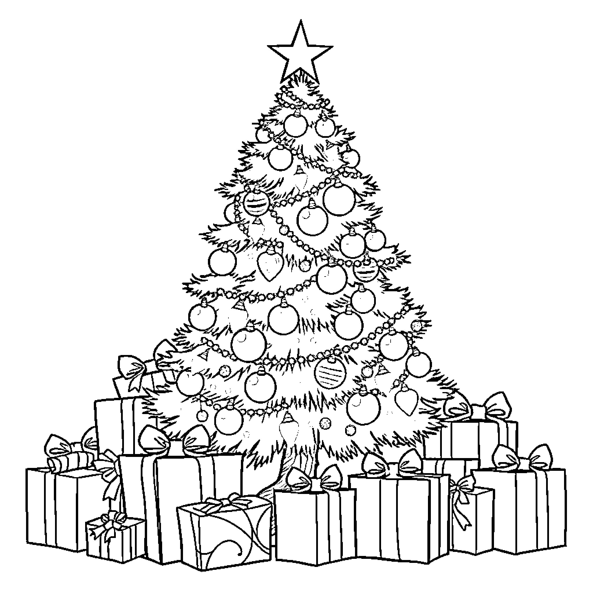Christmas Tree with Decorated Ornaments and Gifts Coloring Page (free black-and-white line drawing printable PDF for all, from beginners to advanced learners, including children, teens, adults, and seniors)