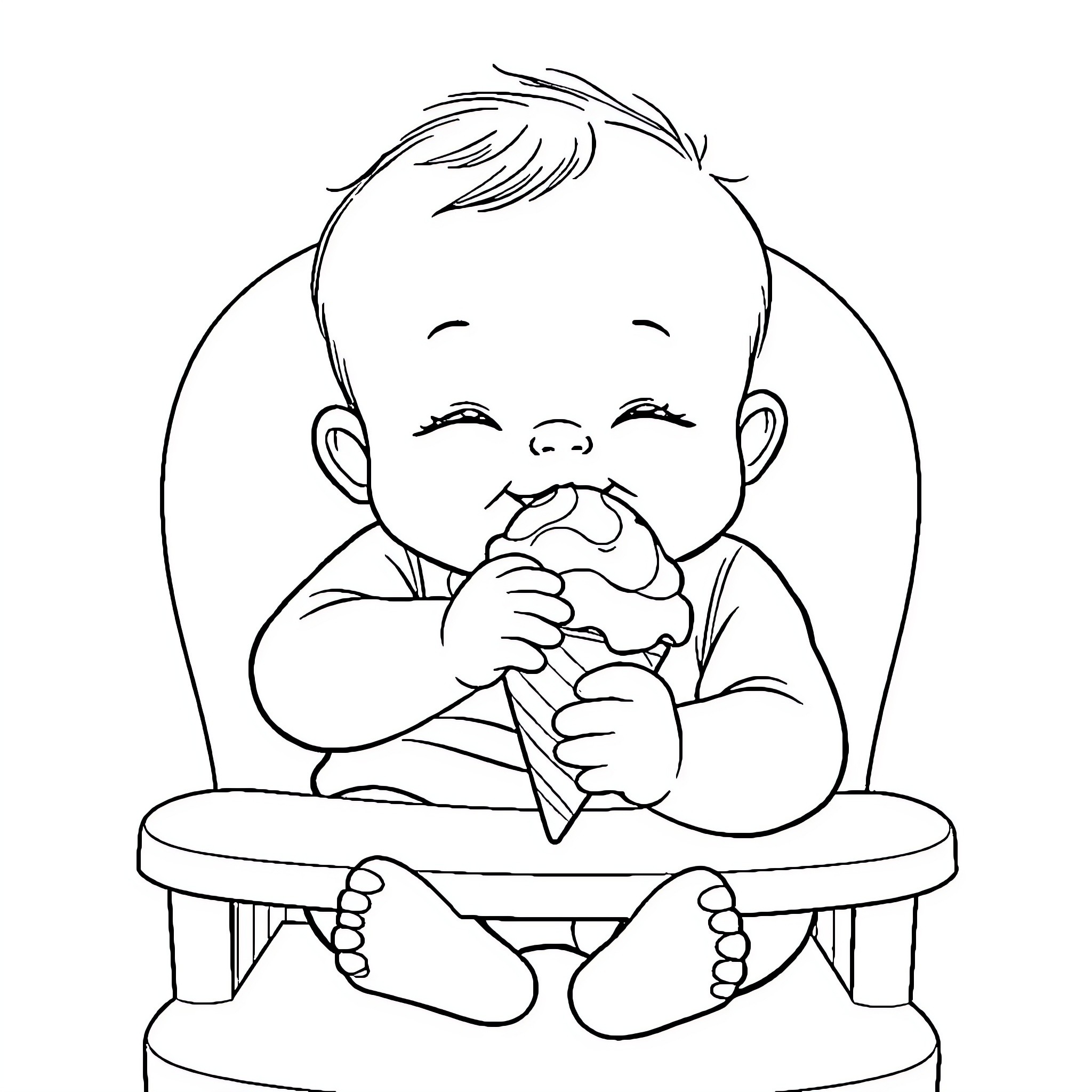 Baby enjoying ice cream treat happily Coloring Page (free black-and-white line drawing printable PDF for all, from beginners to advanced learners, including children, teens, adults, and seniors)