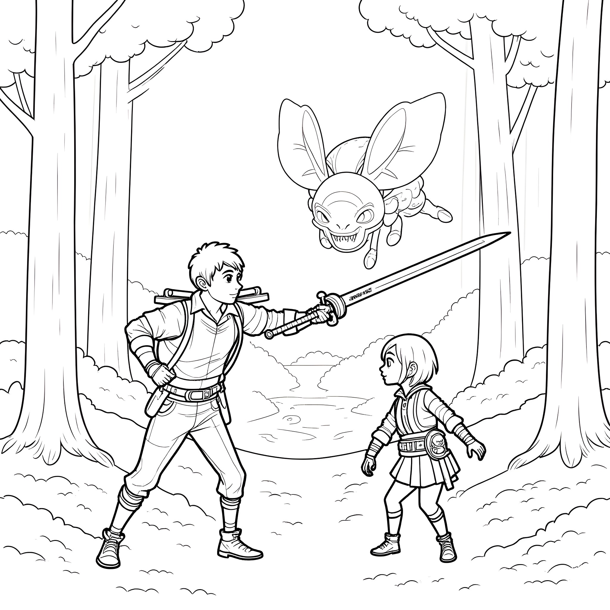 Glavenus facing off with warriors in the forest Coloring Page (free black-and-white line drawing printable PDF for all, from beginners to advanced learners, including children, teens, adults, and seniors)