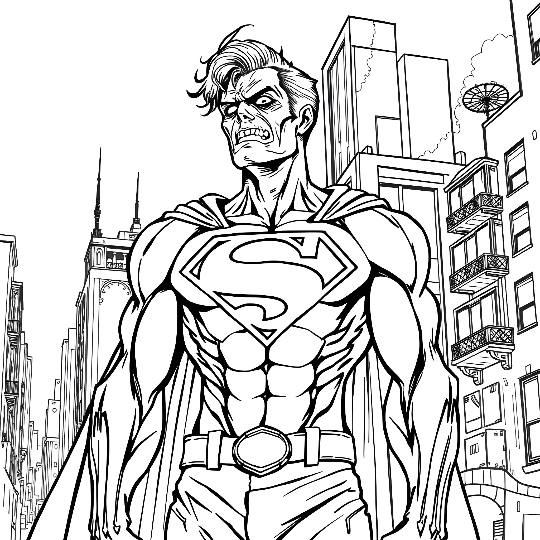 Zombie Superman unleashes terror in the city Coloring Page (free black-and-white line drawing printable PDF for all, from beginners to advanced learners, including children, teens, adults, and seniors)