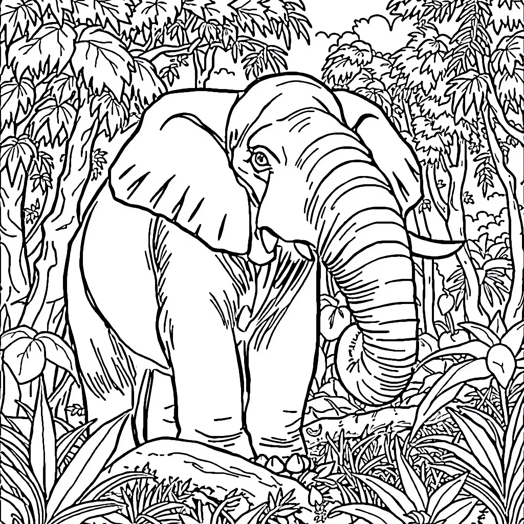 Elephant exploring the lush jungle Coloring Page (free black-and-white line drawing printable PDF for all, from beginners to advanced learners, including children, teens, adults, and seniors)