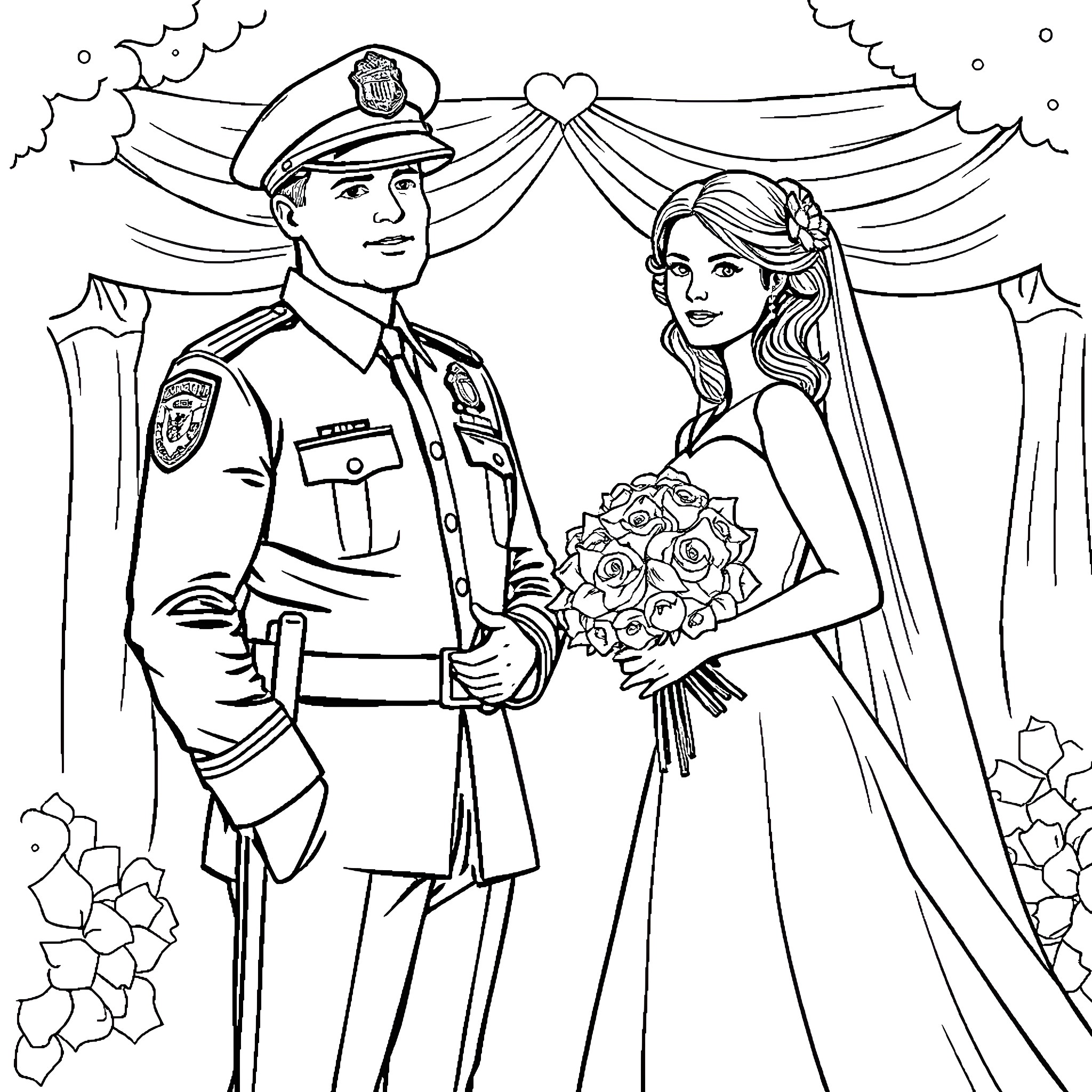 Police Officer Officiates Wedding Ceremony Coloring Page (free black-and-white line drawing printable PDF for all, from beginners to advanced learners, including children, teens, adults, and seniors)