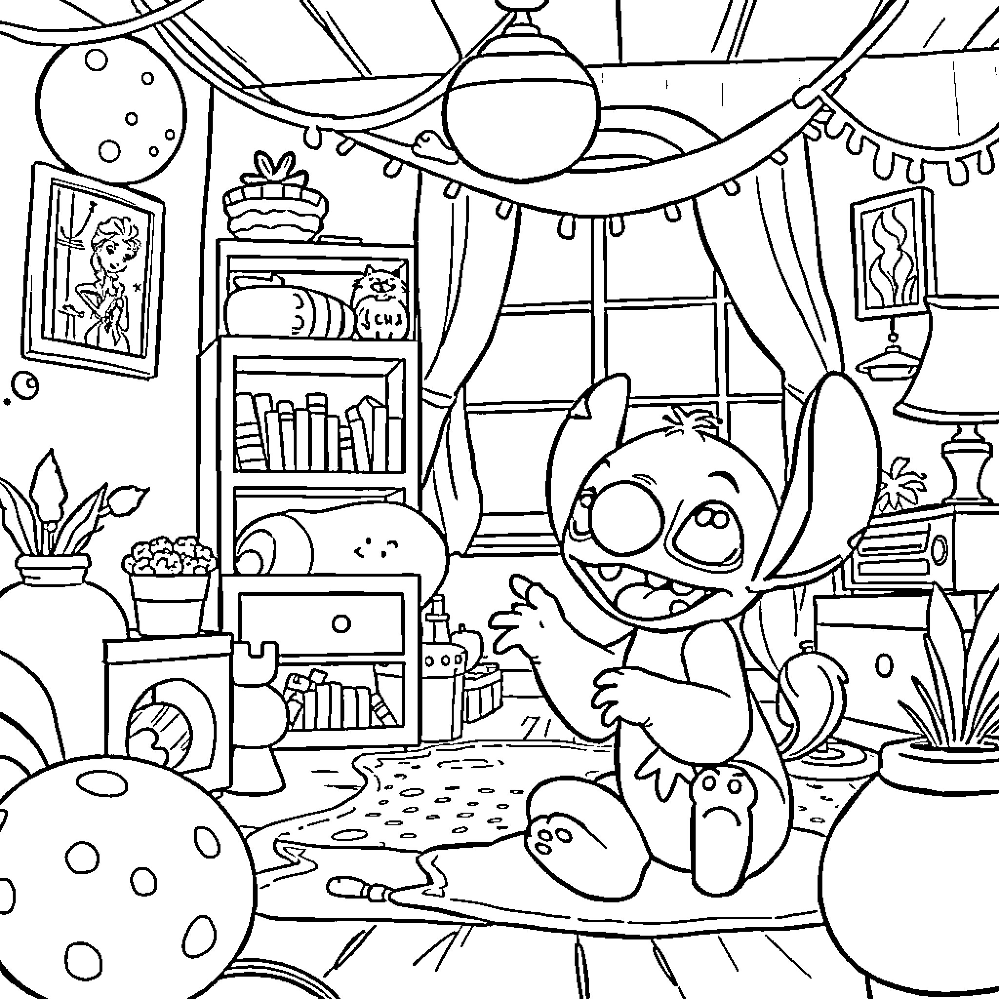 Elsa inspired character sitting happily in a cozy room Coloring Page (free black-and-white line drawing printable PDF for all, from beginners to advanced learners, including children, teens, adults, and seniors)