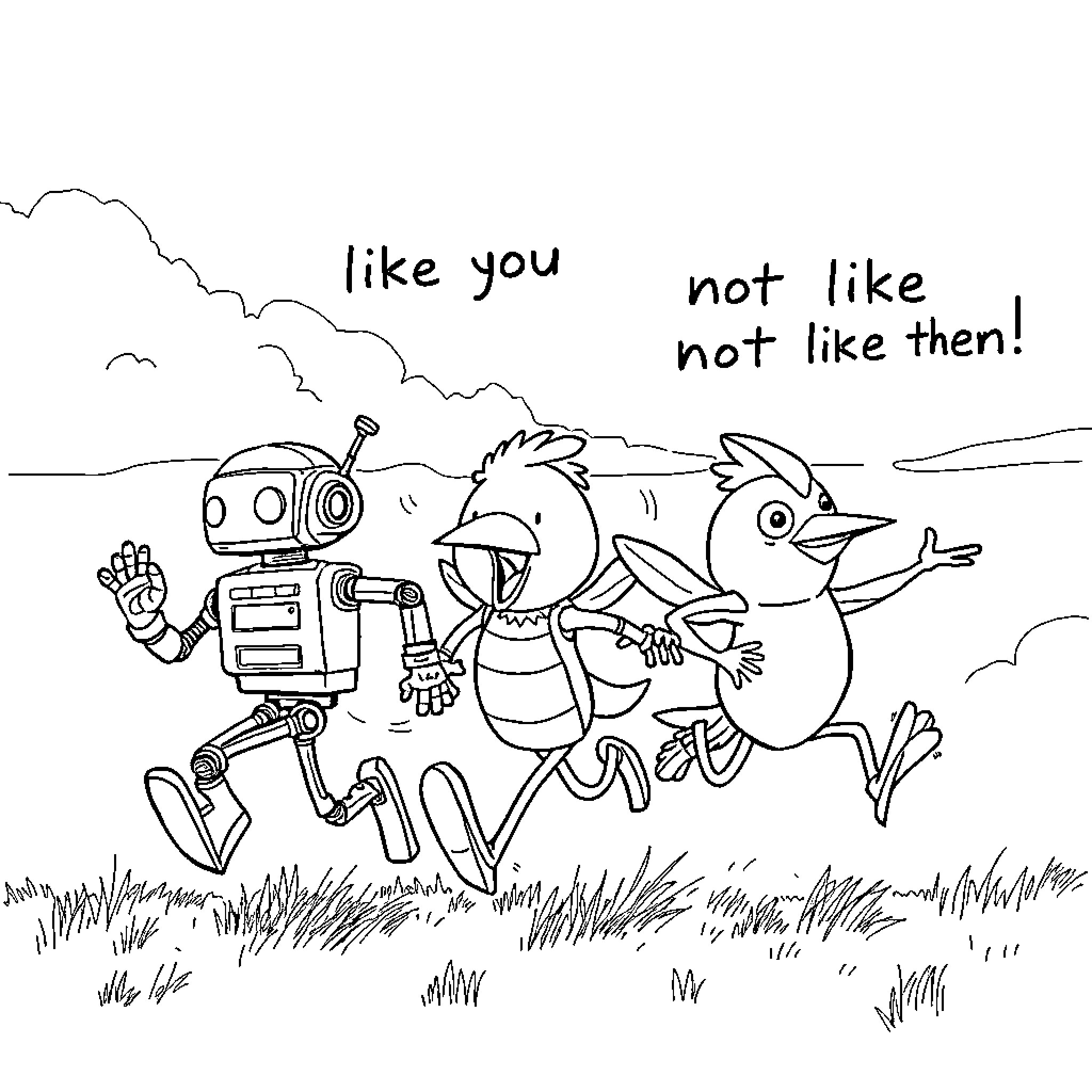 Robot Interacts with Cartoon Characters in Playful Outdoor Scene Coloring Page (free black-and-white line drawing printable PDF for all, from beginners to advanced learners, including children, teens, adults, and seniors)