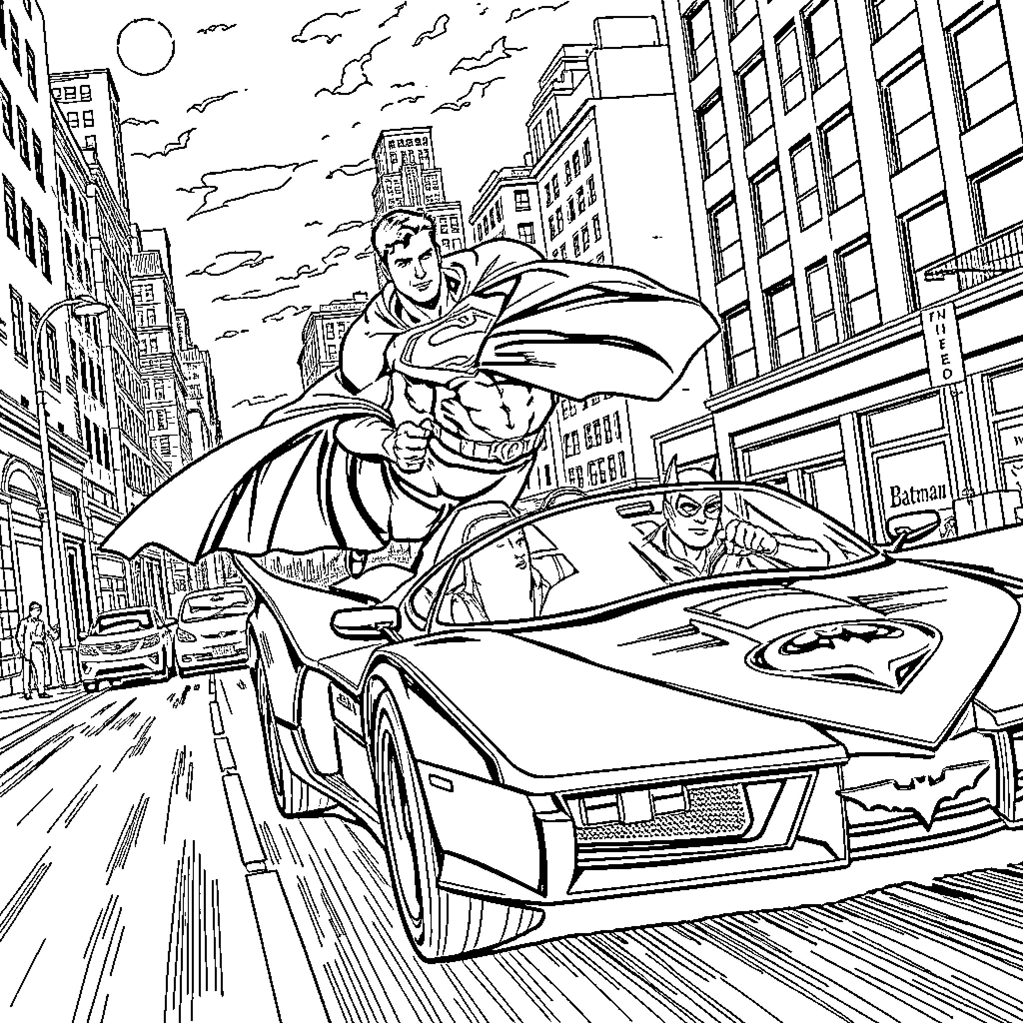 Batmobile racing through city with superhero Coloring Page (free black-and-white line drawing printable PDF for all, from beginners to advanced learners, including children, teens, adults, and seniors)