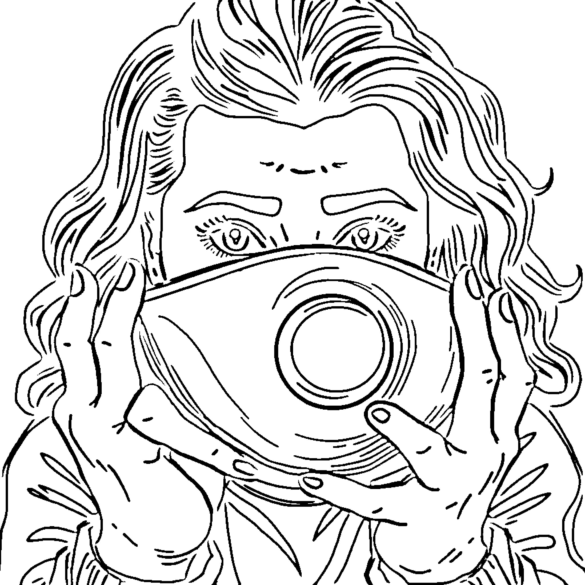 Woman with whimsical mask and expression Coloring Page (free black-and-white line drawing printable PDF for all, from beginners to advanced learners, including children, teens, adults, and seniors)