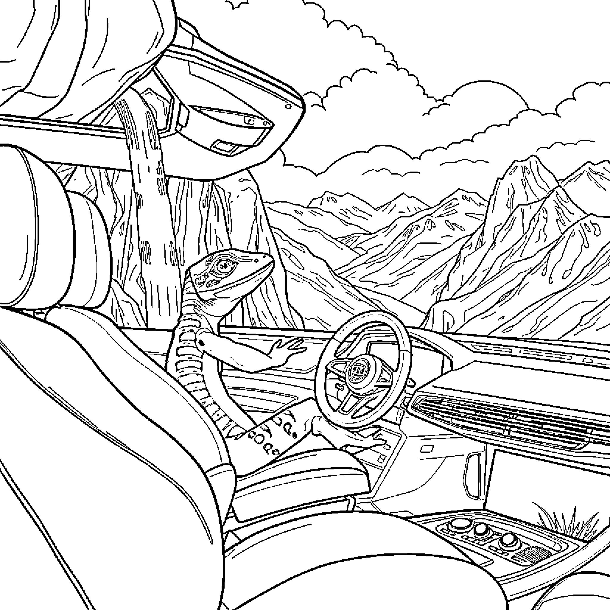 Gecko exploring a futuristic vehicle in a mountainous landscape Coloring Page (free black-and-white line drawing printable PDF for all, from beginners to advanced learners, including children, teens, adults, and seniors)