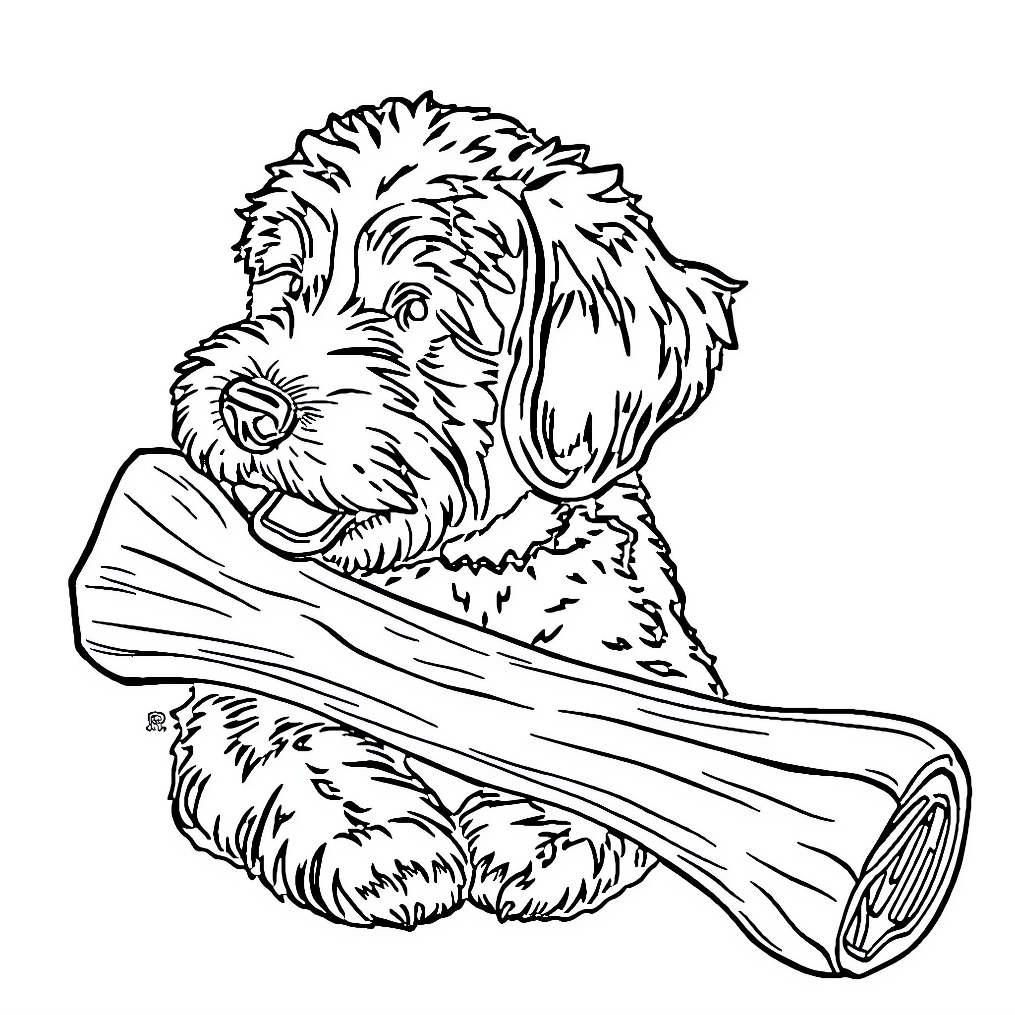Bernadoodle chewing on a large stick Coloring Page (free black-and-white line drawing printable PDF for all, from beginners to advanced learners, including children, teens, adults, and seniors)