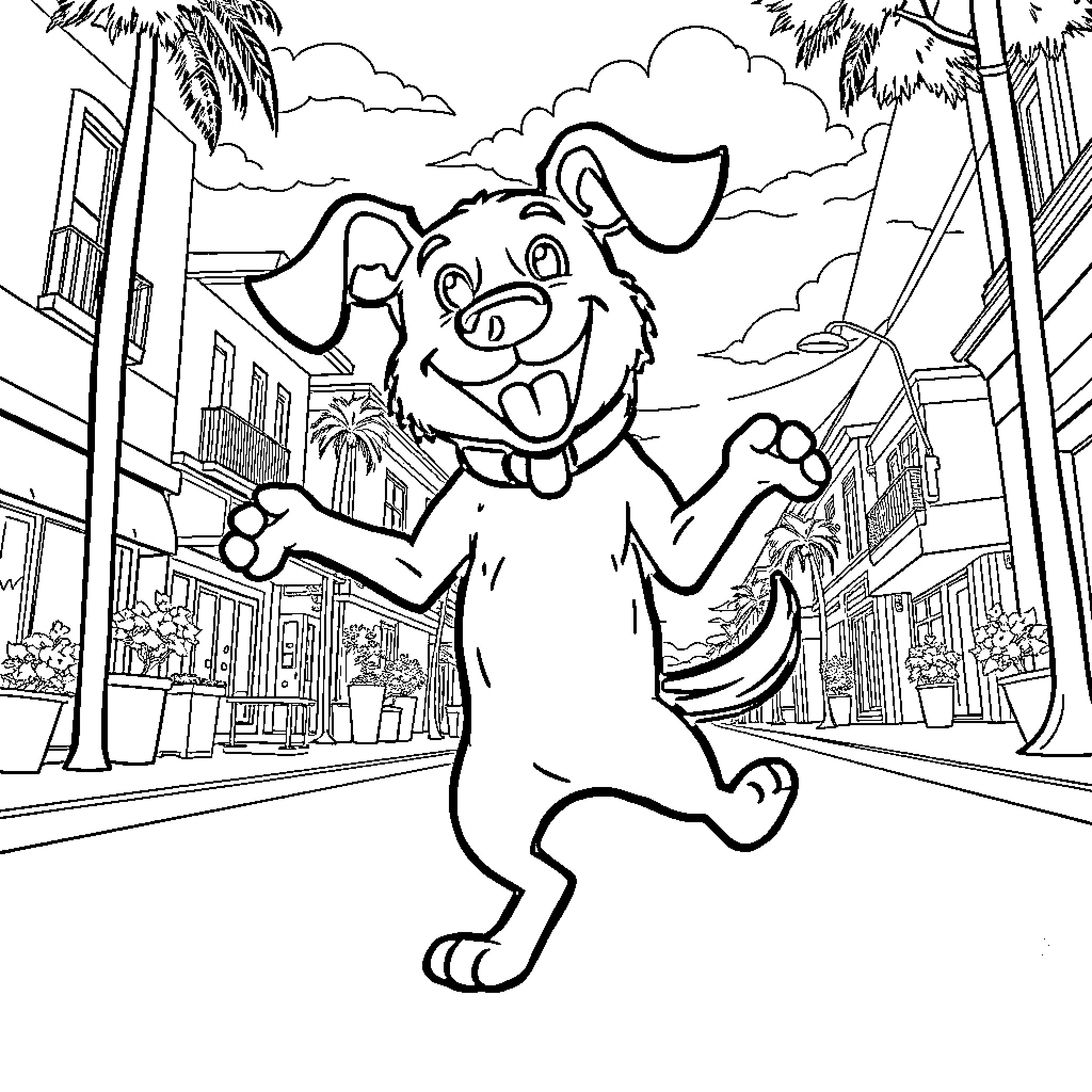 Dogman enjoying the city scenery Coloring Page (free black-and-white line drawing printable PDF for all, from beginners to advanced learners, including children, teens, adults, and seniors)