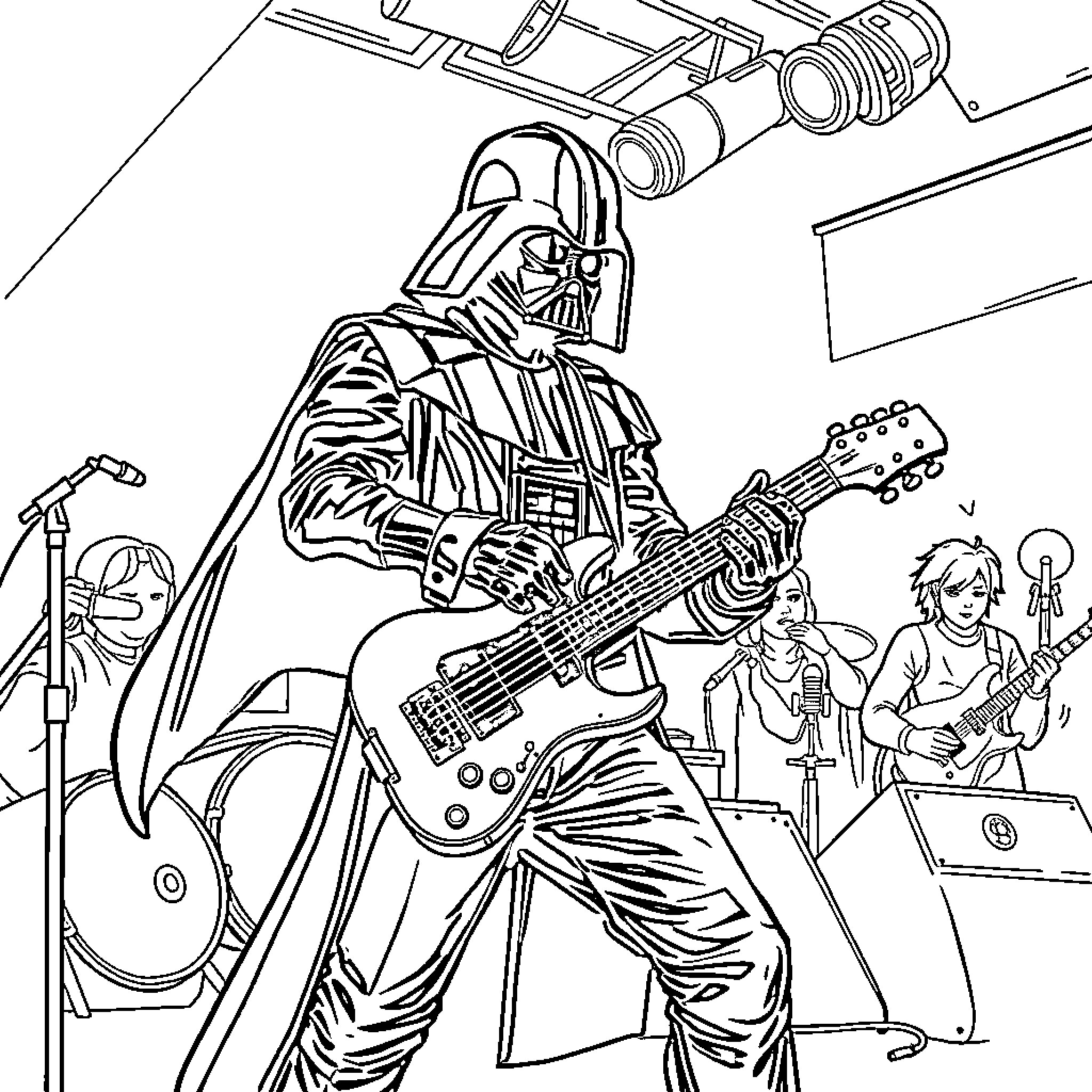 Darth Vader performs in a rock band Coloring Page (free black-and-white line drawing printable PDF for all, from beginners to advanced learners, including children, teens, adults, and seniors)