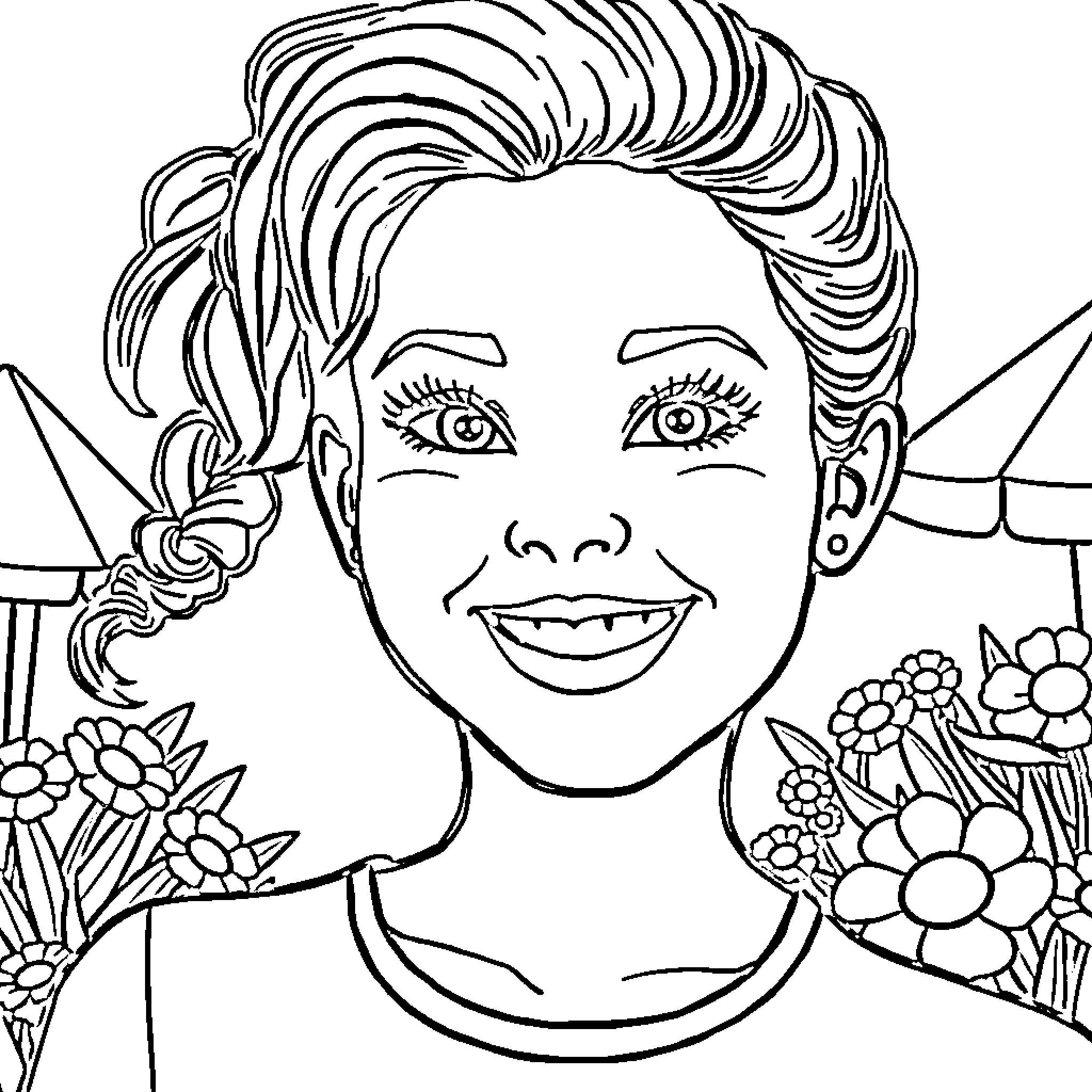 Dillion Harper's Floral Portrait Coloring Page (free black-and-white line drawing printable PDF for all, from beginners to advanced learners, including children, teens, adults, and seniors)