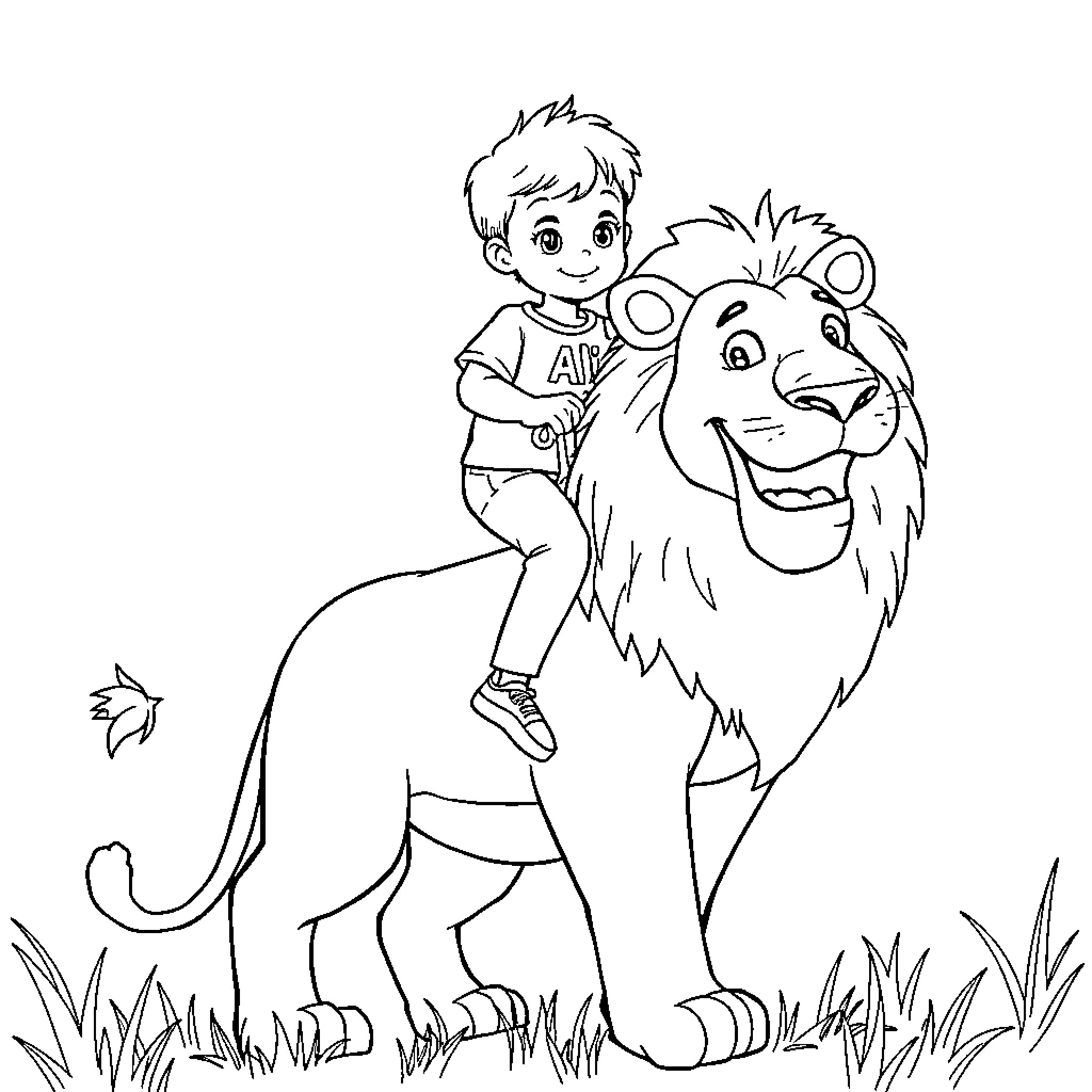 Lion and child playing joyfully in the wild Coloring Page (free black-and-white line drawing printable PDF for all, from beginners to advanced learners, including children, teens, adults, and seniors)
