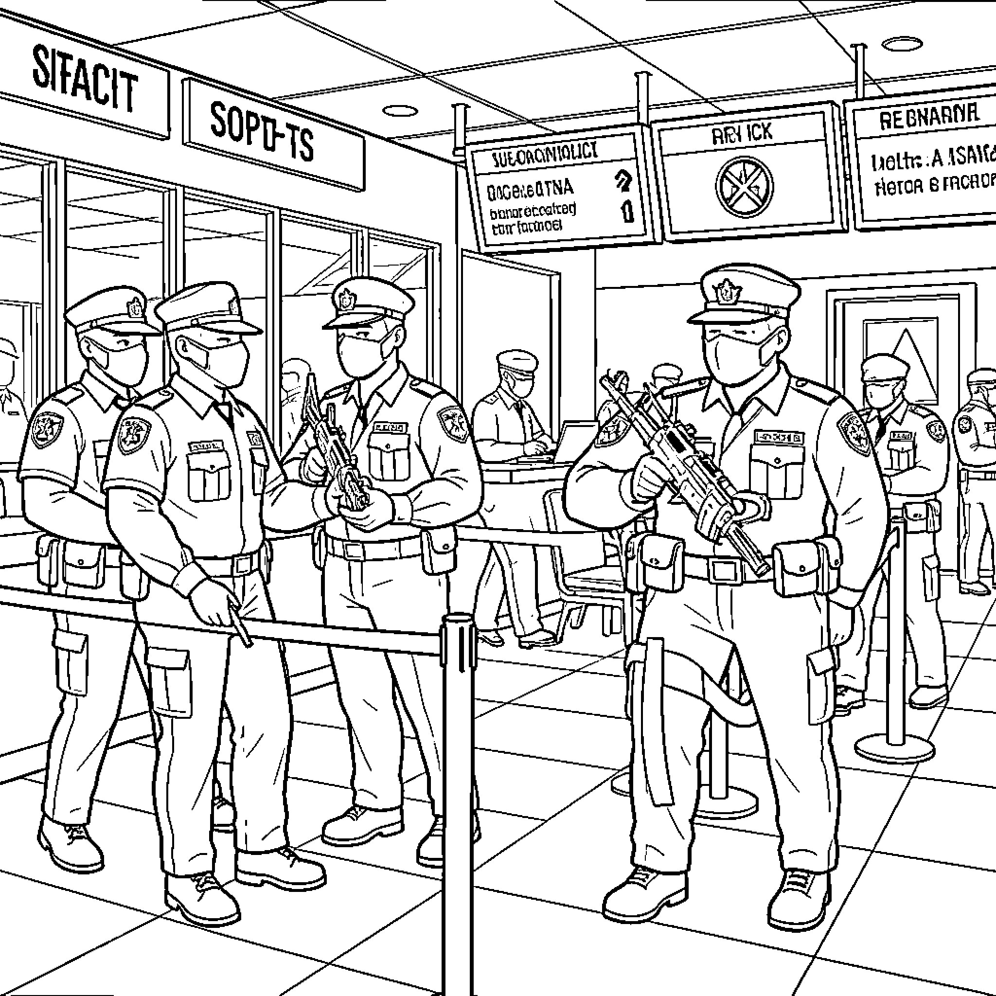 Ice Agent Enforcing Order at Transit Station Coloring Page (free black-and-white line drawing printable PDF for all, from beginners to advanced learners, including children, teens, adults, and seniors)