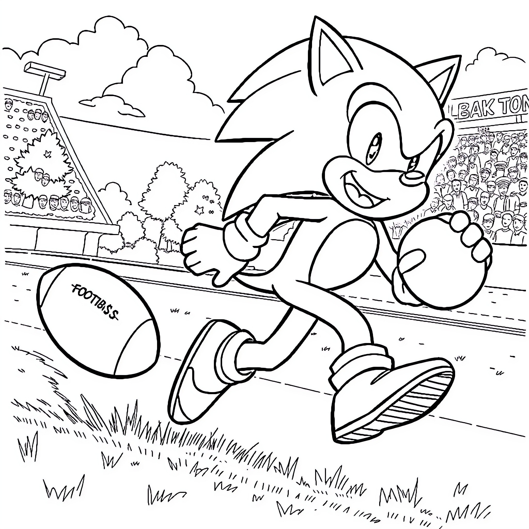 Sonic running excitedly on the football field Coloring Page (free black-and-white line drawing printable PDF for all, from beginners to advanced learners, including children, teens, adults, and seniors)