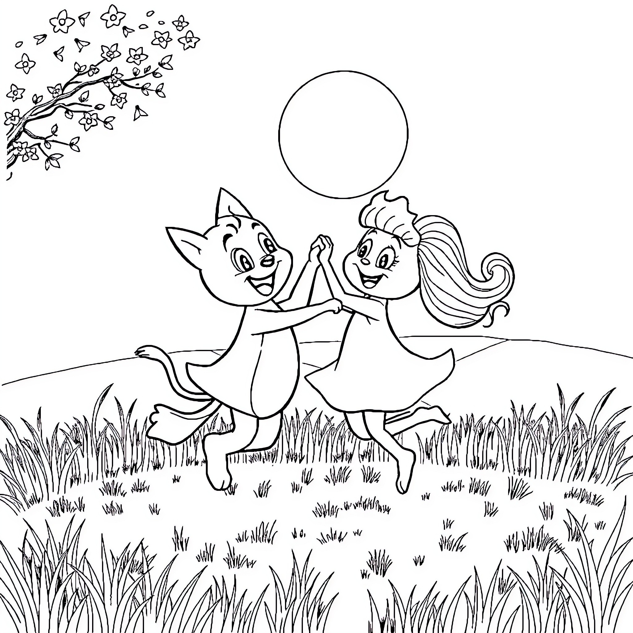 Bluey and friend playing happily in the park Coloring Page (free black-and-white line drawing printable PDF for all, from beginners to advanced learners, including children, teens, adults, and seniors)