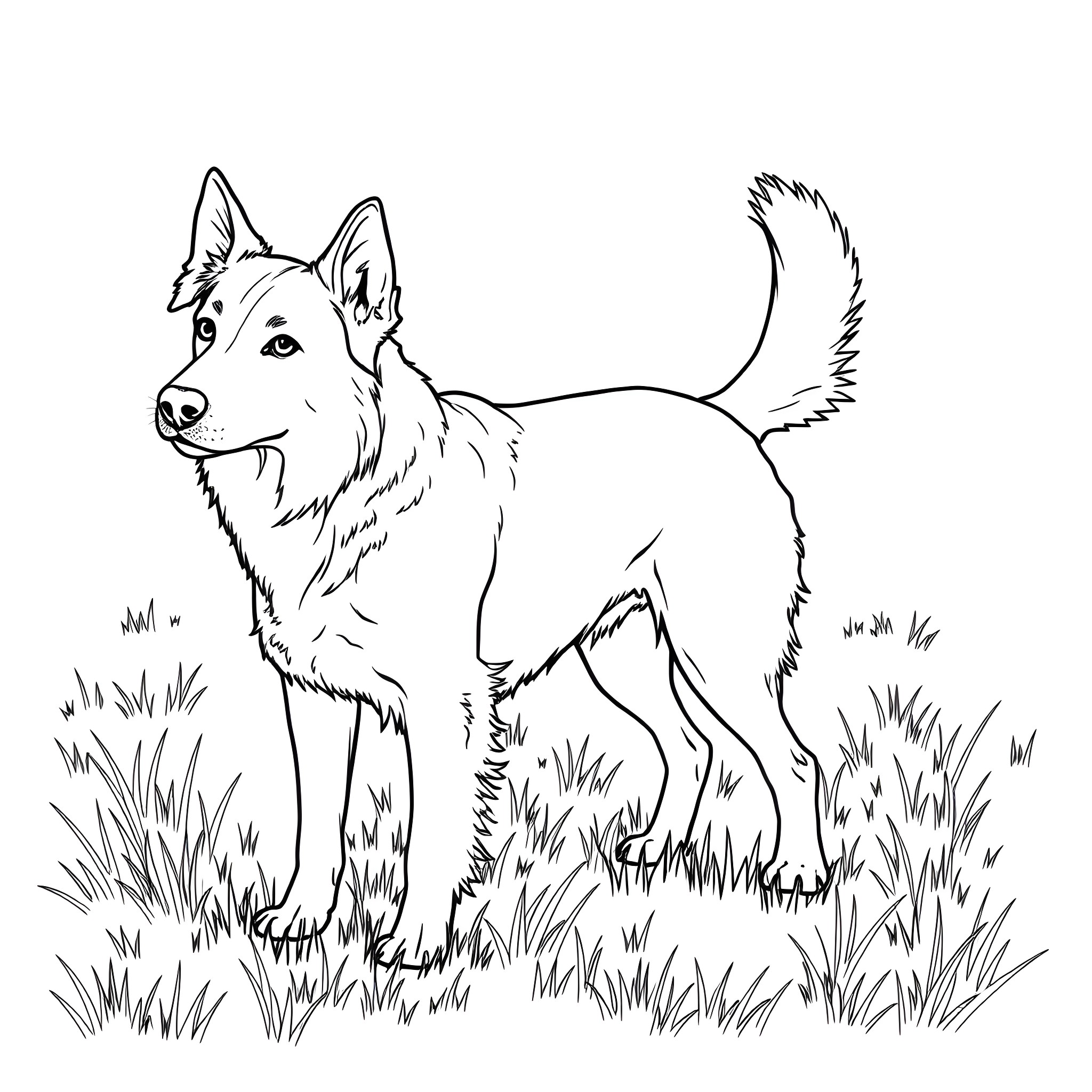 Huntaway dog exploring the grassy field Coloring Page (free black-and-white line drawing printable PDF for all, from beginners to advanced learners, including children, teens, adults, and seniors)