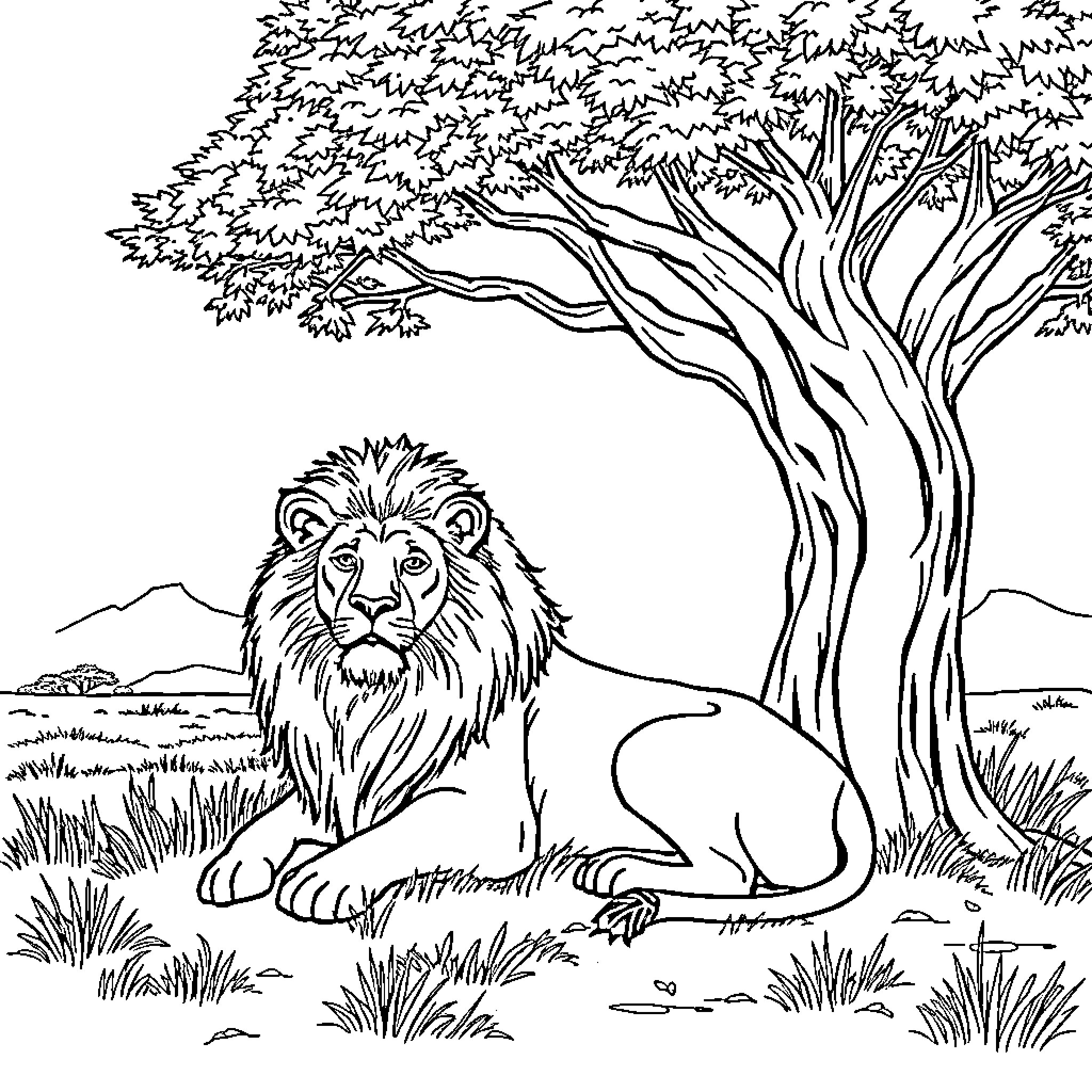 Lion resting under the shade of a tree Coloring Page (free black-and-white line drawing printable PDF for all, from beginners to advanced learners, including children, teens, adults, and seniors)