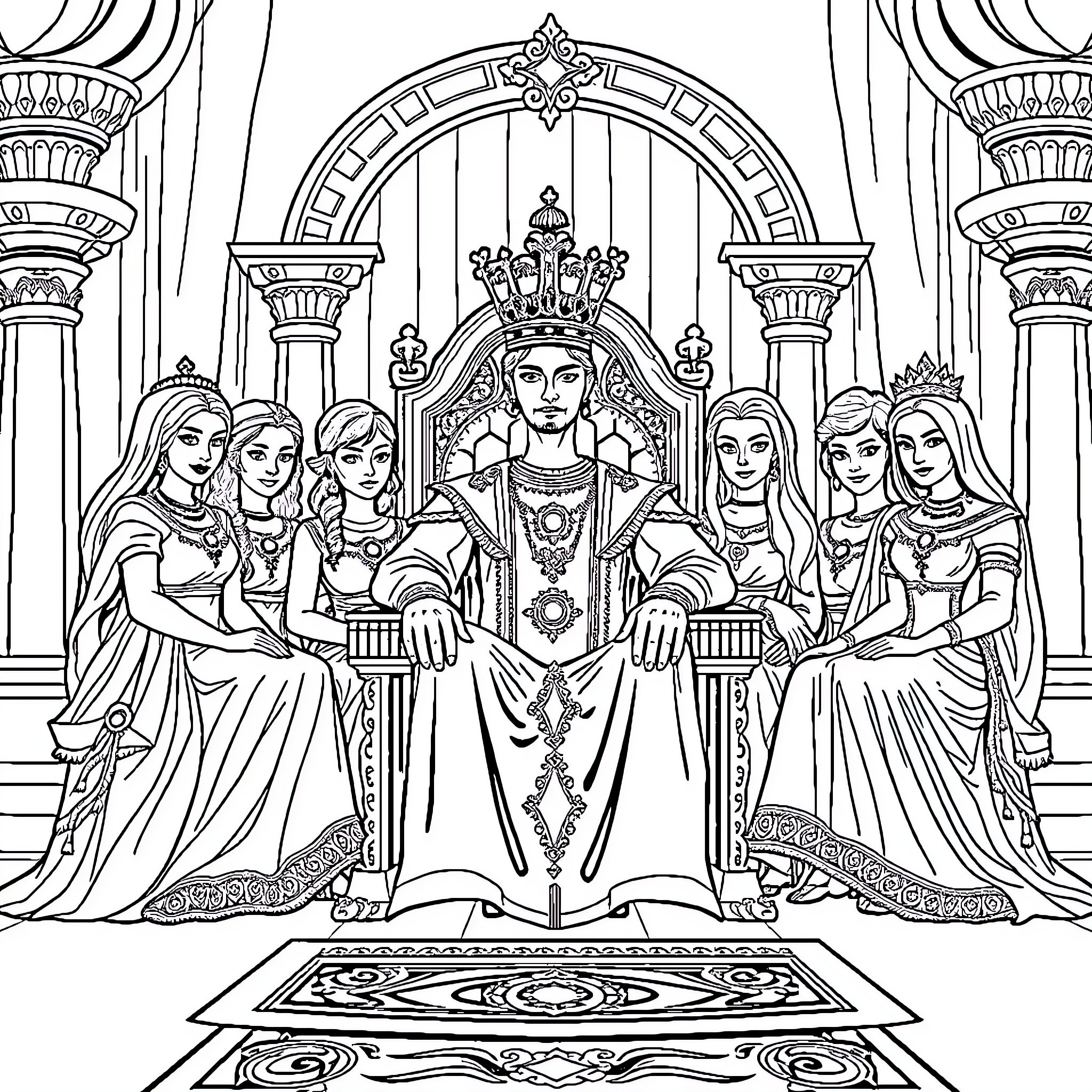 King Presides Over His Royal Court Coloring Page (free black-and-white line drawing printable PDF for all, from beginners to advanced learners, including children, teens, adults, and seniors)