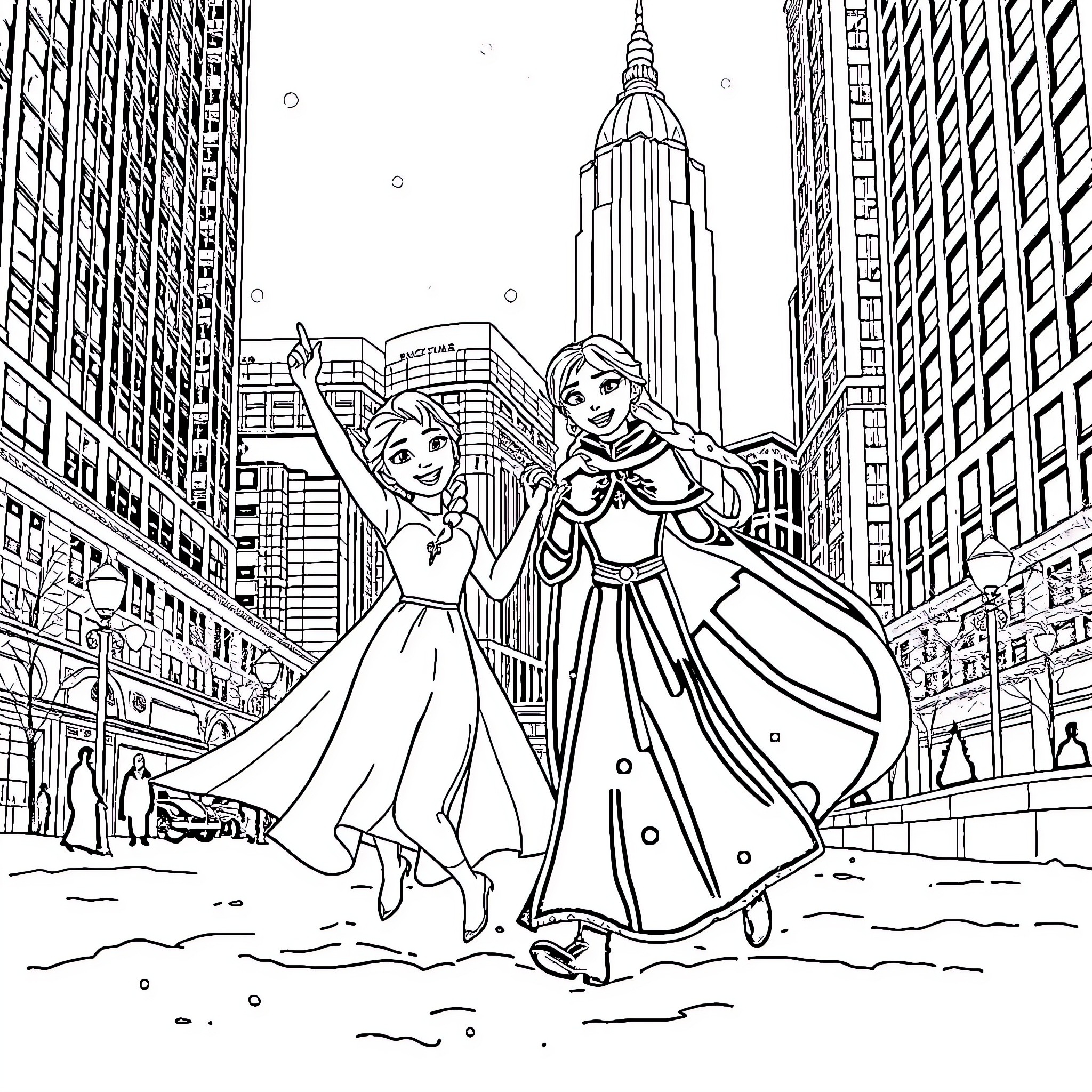 Elsa and friend exploring the city Coloring Page (free black-and-white line drawing printable PDF for all, from beginners to advanced learners, including children, teens, adults, and seniors)