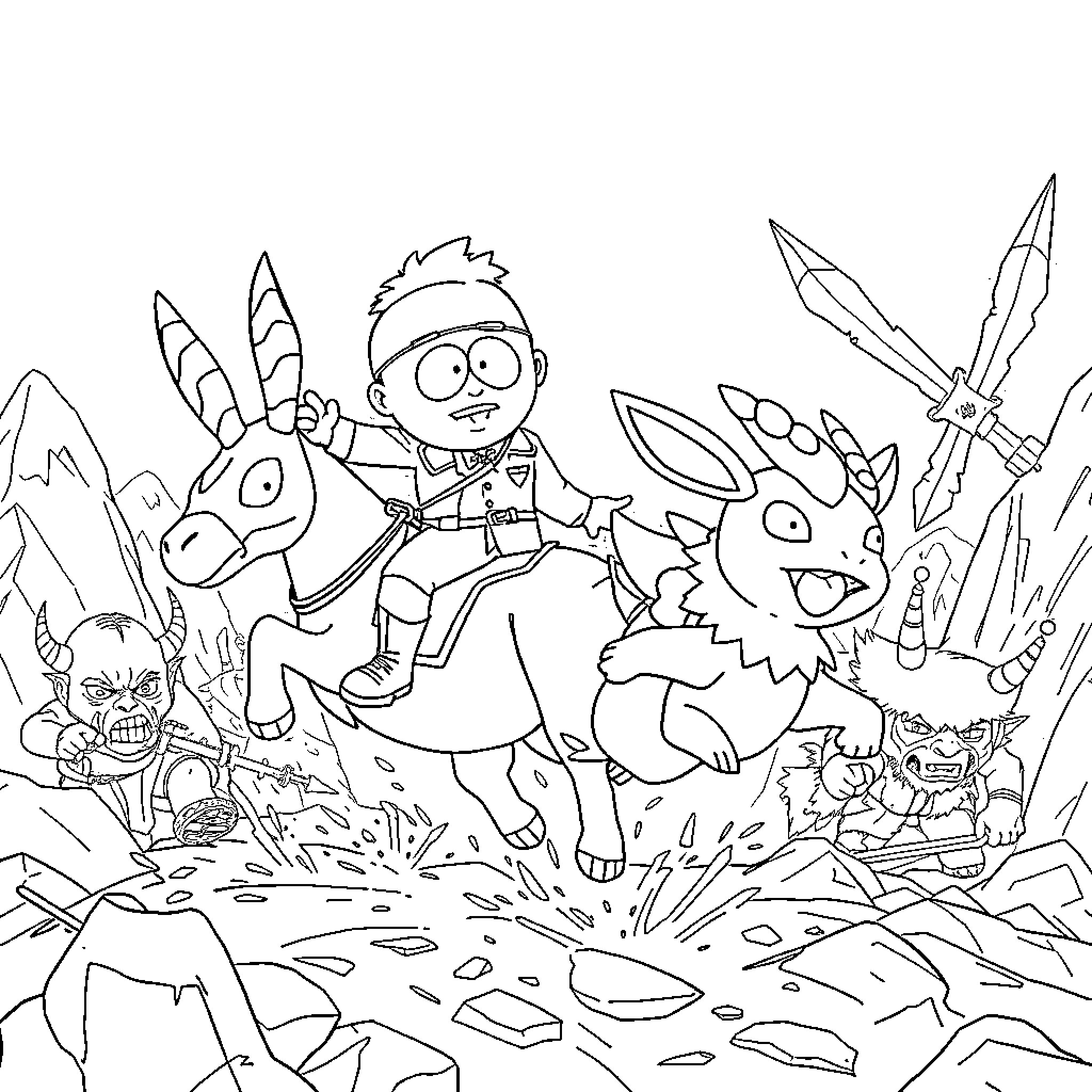 Hartman's Fantastical Outdoor Adventure Coloring Page (free black-and-white line drawing printable PDF for all, from beginners to advanced learners, including children, teens, adults, and seniors)