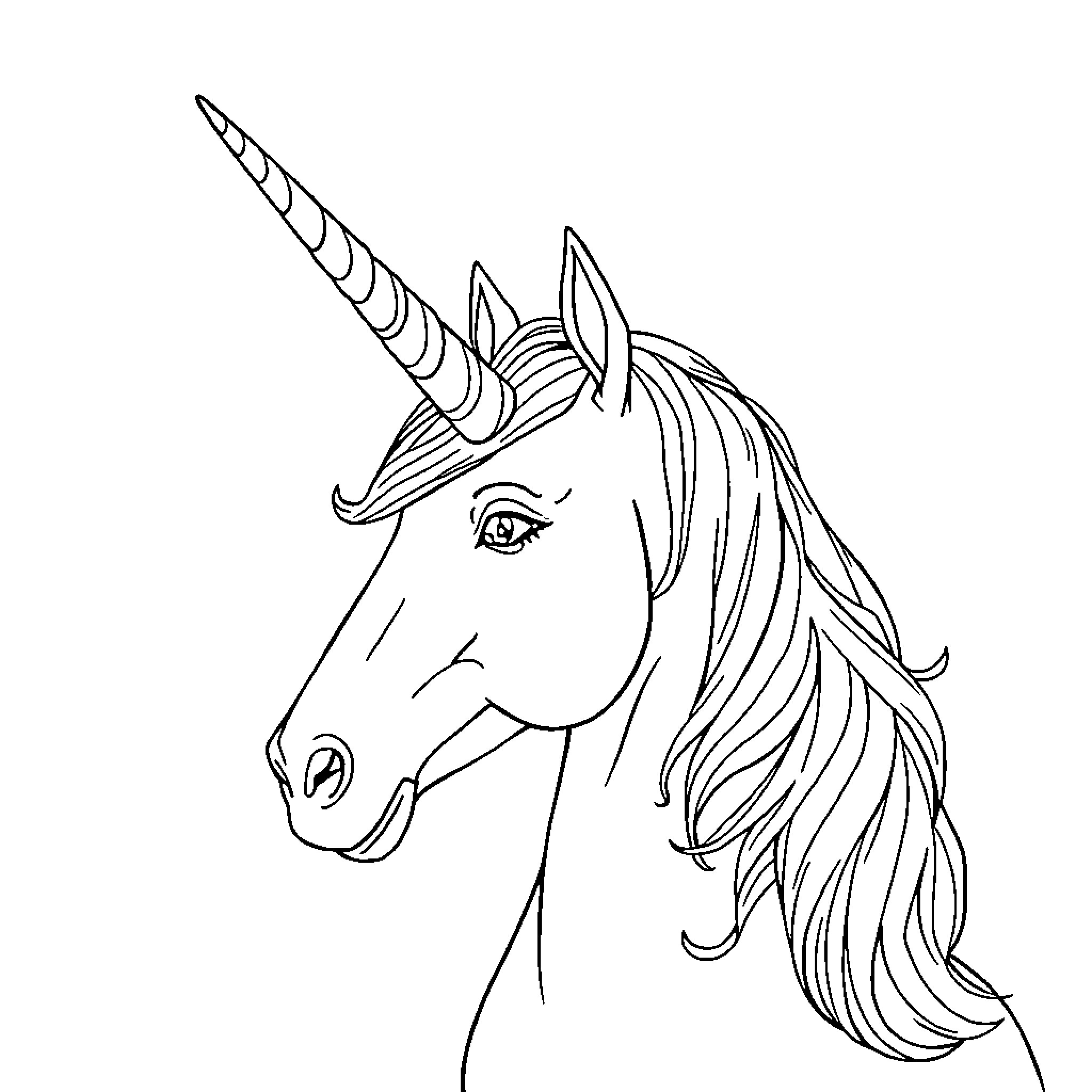 Unicorn with flowing mane and horn Coloring Page (free black-and-white line drawing printable PDF for all, from beginners to advanced learners, including children, teens, adults, and seniors)