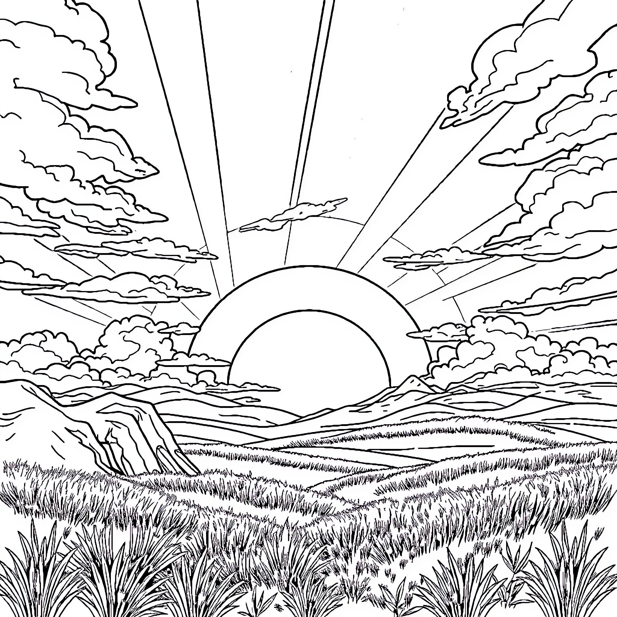 Sunrise over serene landscape with clouds and grass Coloring Page (free black-and-white line drawing printable PDF for all, from beginners to advanced learners, including children, teens, adults, and seniors)