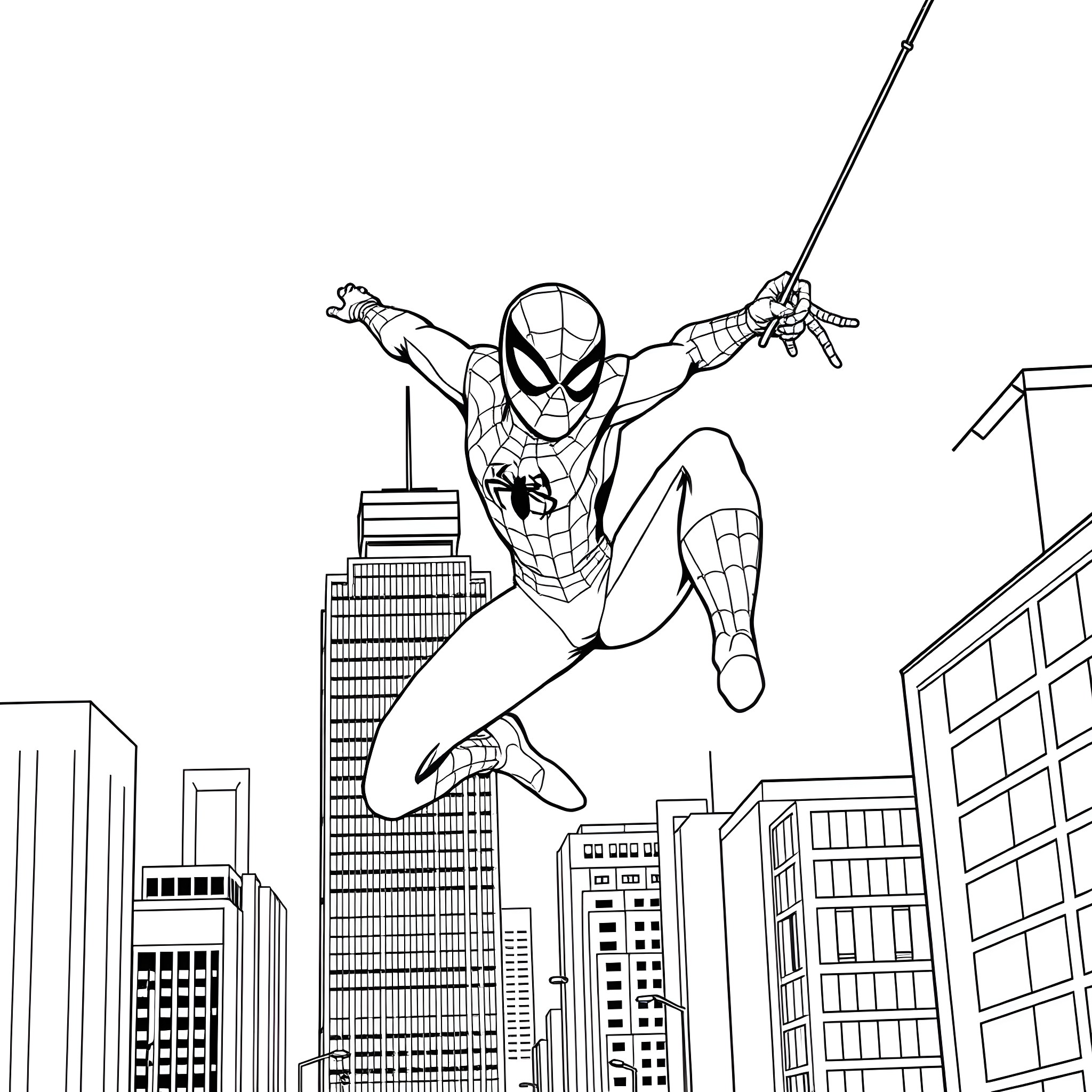 Spider-Man swinging through the city skyline Coloring Page (free black-and-white line drawing printable PDF for all, from beginners to advanced learners, including children, teens, adults, and seniors)