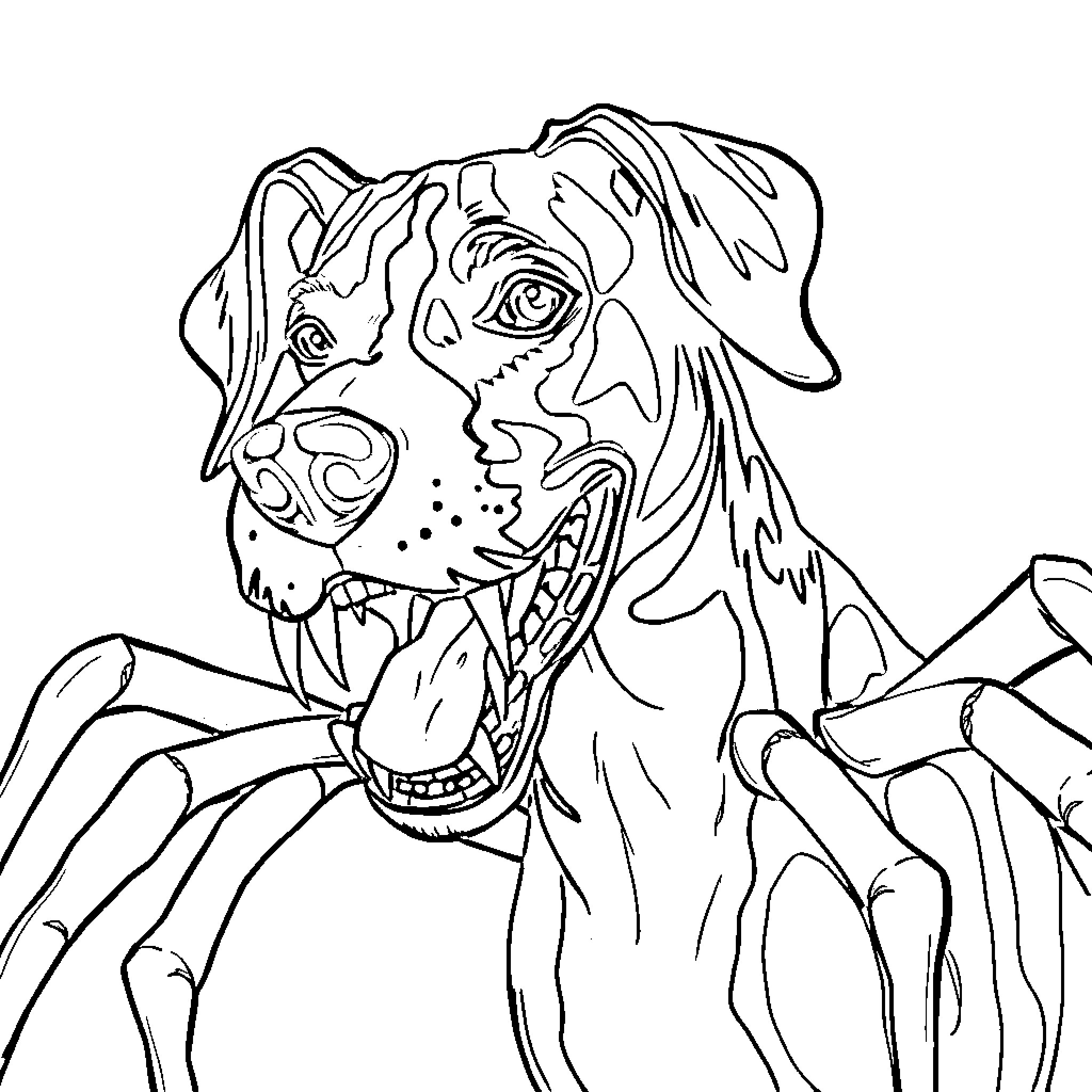 Great Dane dog with playful expression Coloring Page (free black-and-white line drawing printable PDF for all, from beginners to advanced learners, including children, teens, adults, and seniors)