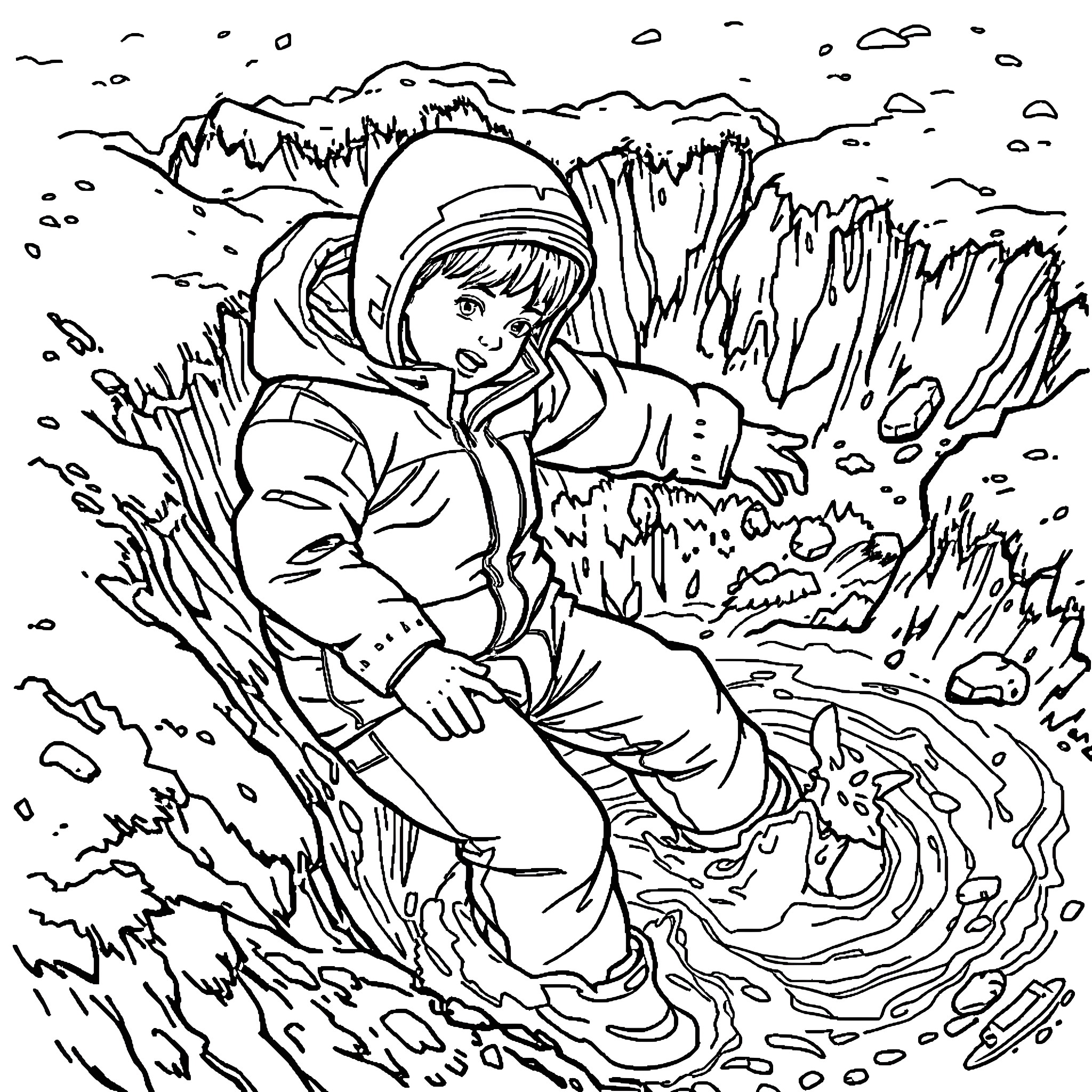 Boy exploring the snowy wilderness Coloring Page (free black-and-white line drawing printable PDF for all, from beginners to advanced learners, including children, teens, adults, and seniors)