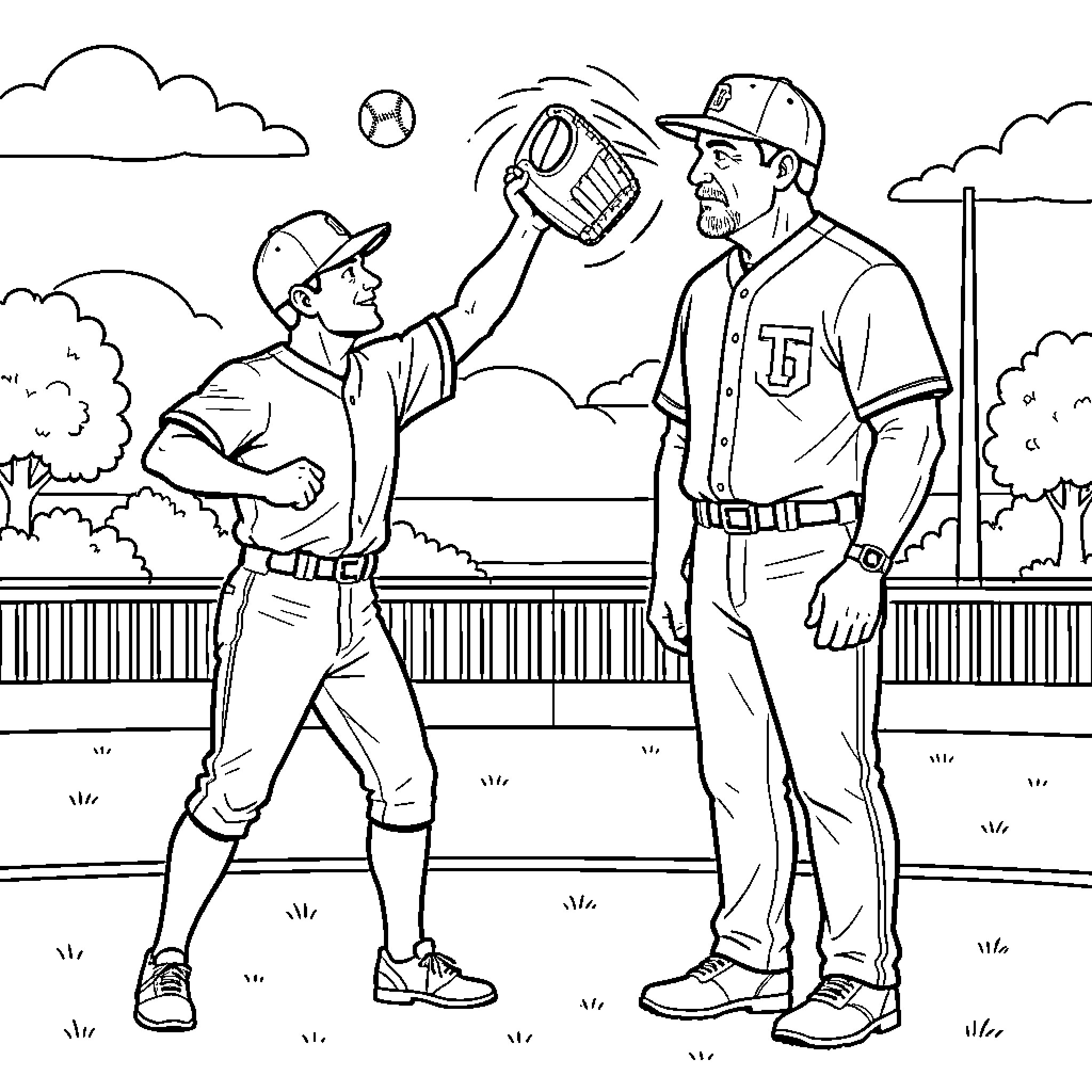 Pitcher catching a ball with a glove near coach Coloring Page (free black-and-white line drawing printable PDF for all, from beginners to advanced learners, including children, teens, adults, and seniors)