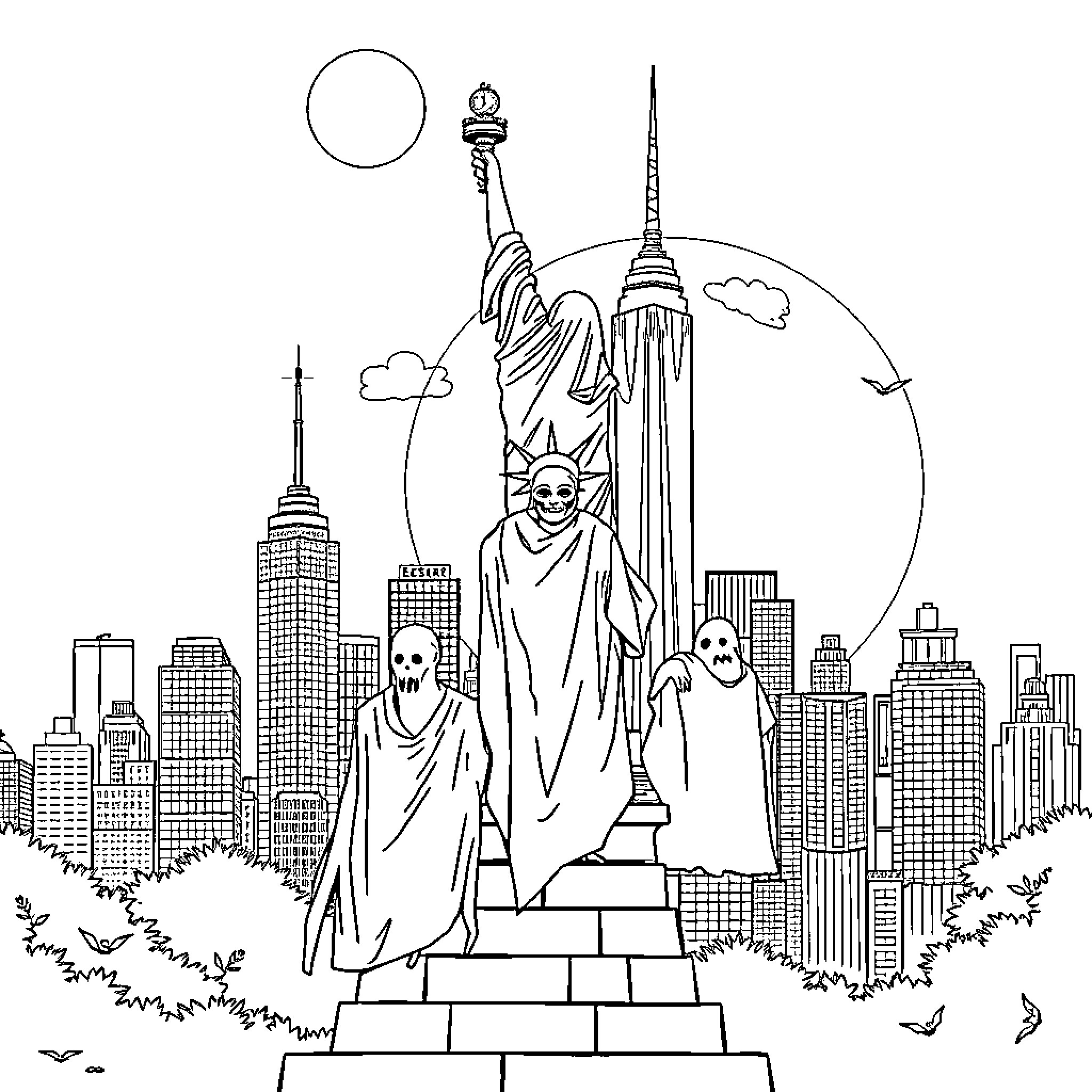 Ghostbusters in New York City with supernatural beings Coloring Page (free black-and-white line drawing printable PDF for all, from beginners to advanced learners, including children, teens, adults, and seniors)