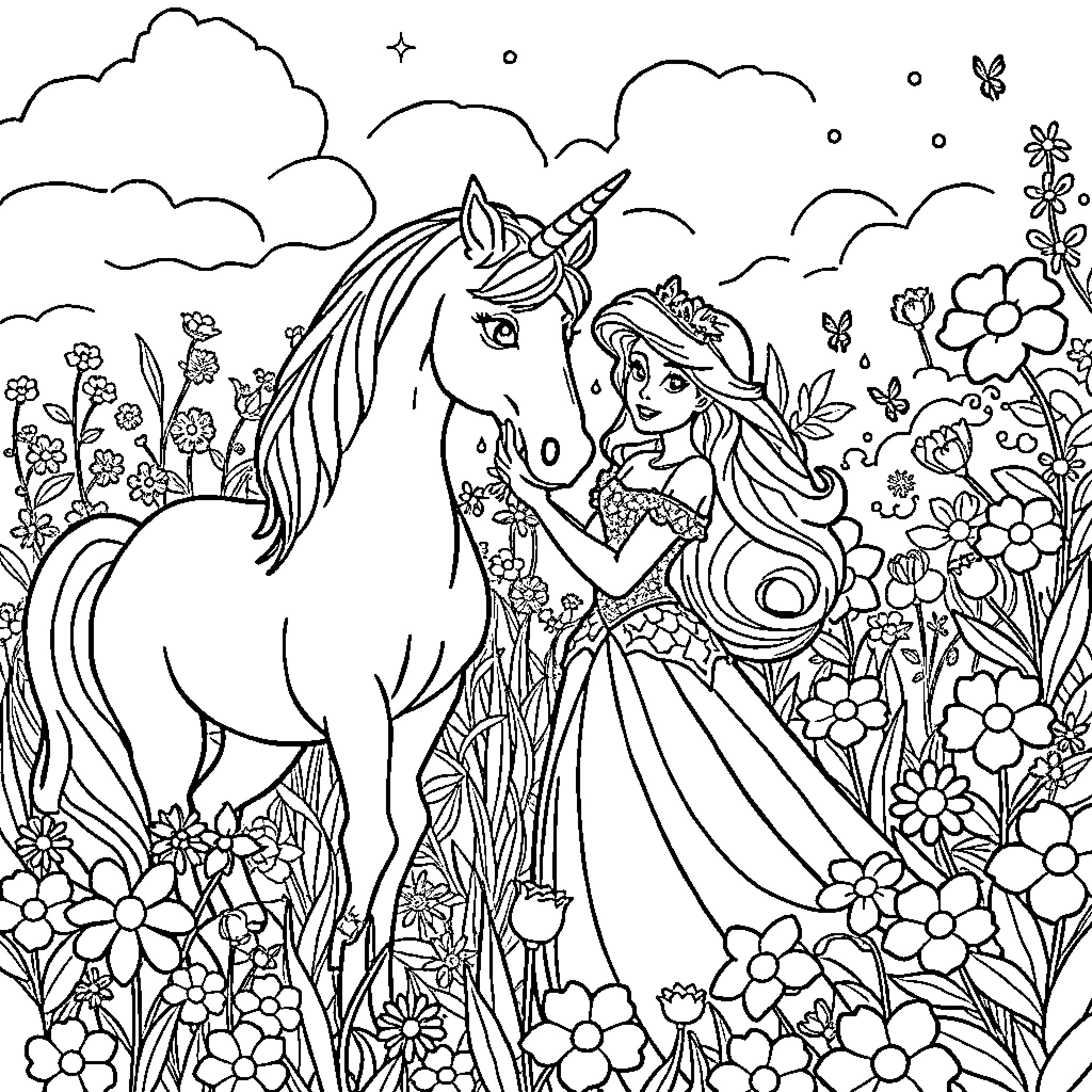 Princess and her Unicorn in the Magical Garden Coloring Page (free black-and-white line drawing printable PDF for all, from beginners to advanced learners, including children, teens, adults, and seniors)