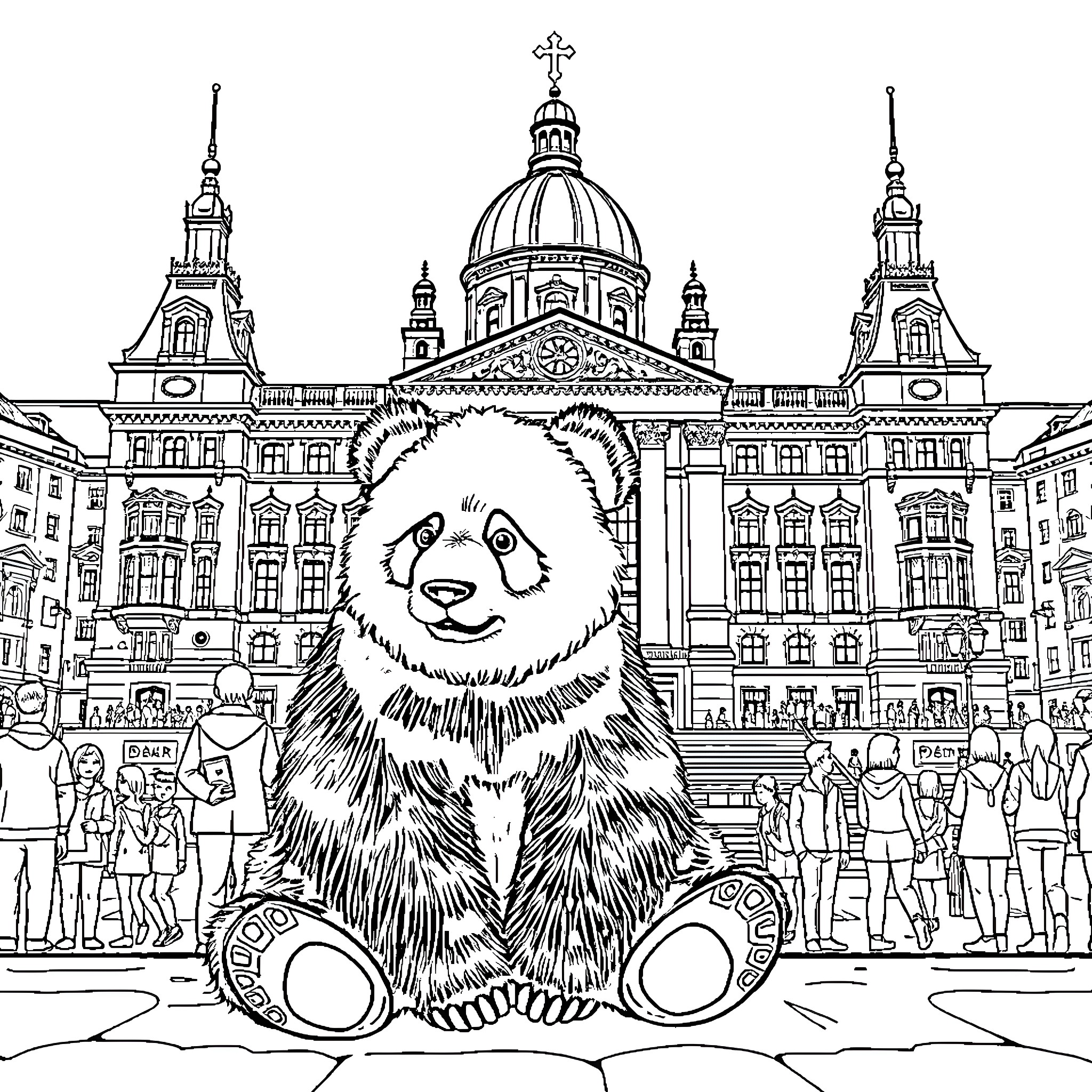 Panda exploring a historic city square Coloring Page (free black-and-white line drawing printable PDF for all, from beginners to advanced learners, including children, teens, adults, and seniors)