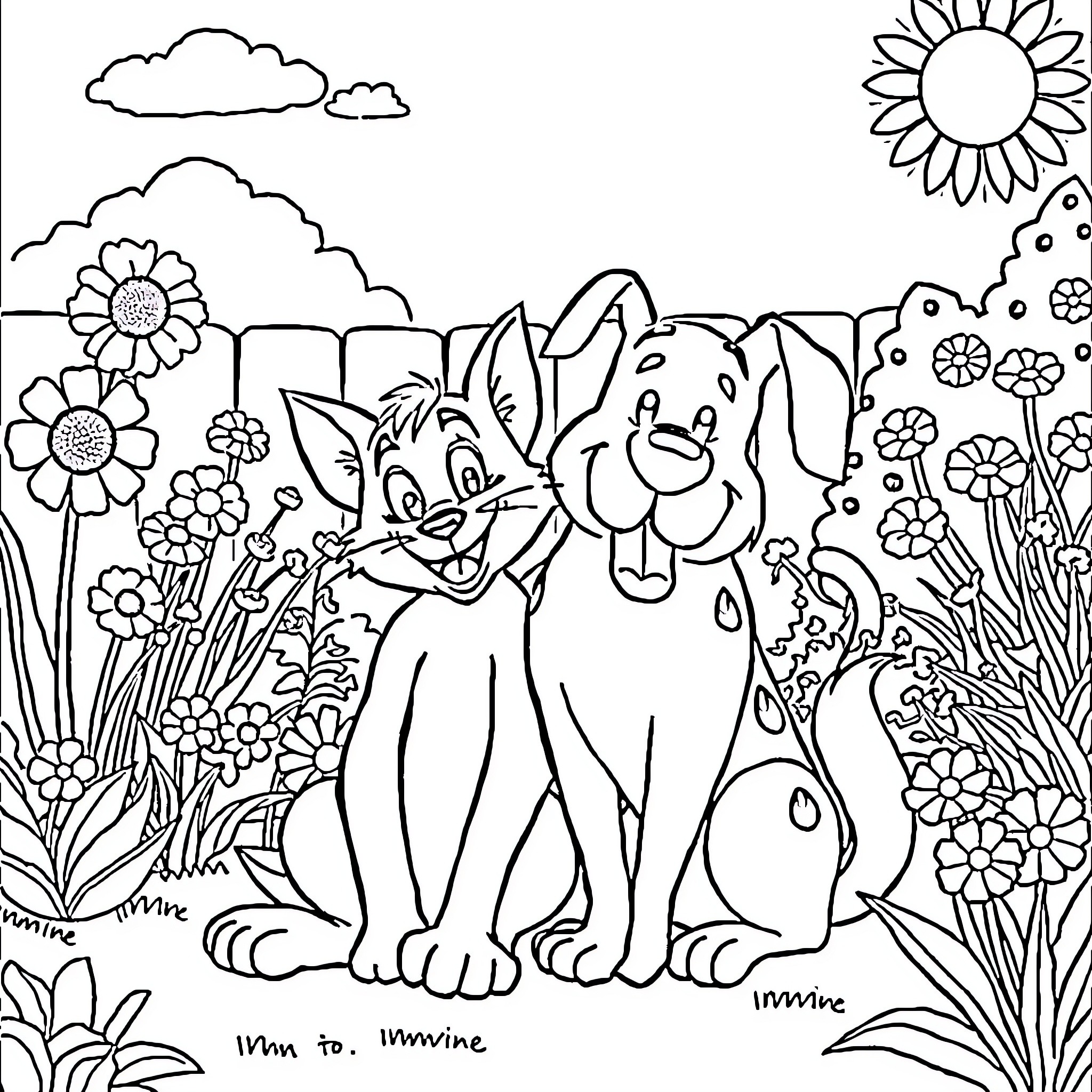Tom and his animal friends explore a lush garden Coloring Page (free black-and-white line drawing printable PDF for all, from beginners to advanced learners, including children, teens, adults, and seniors)
