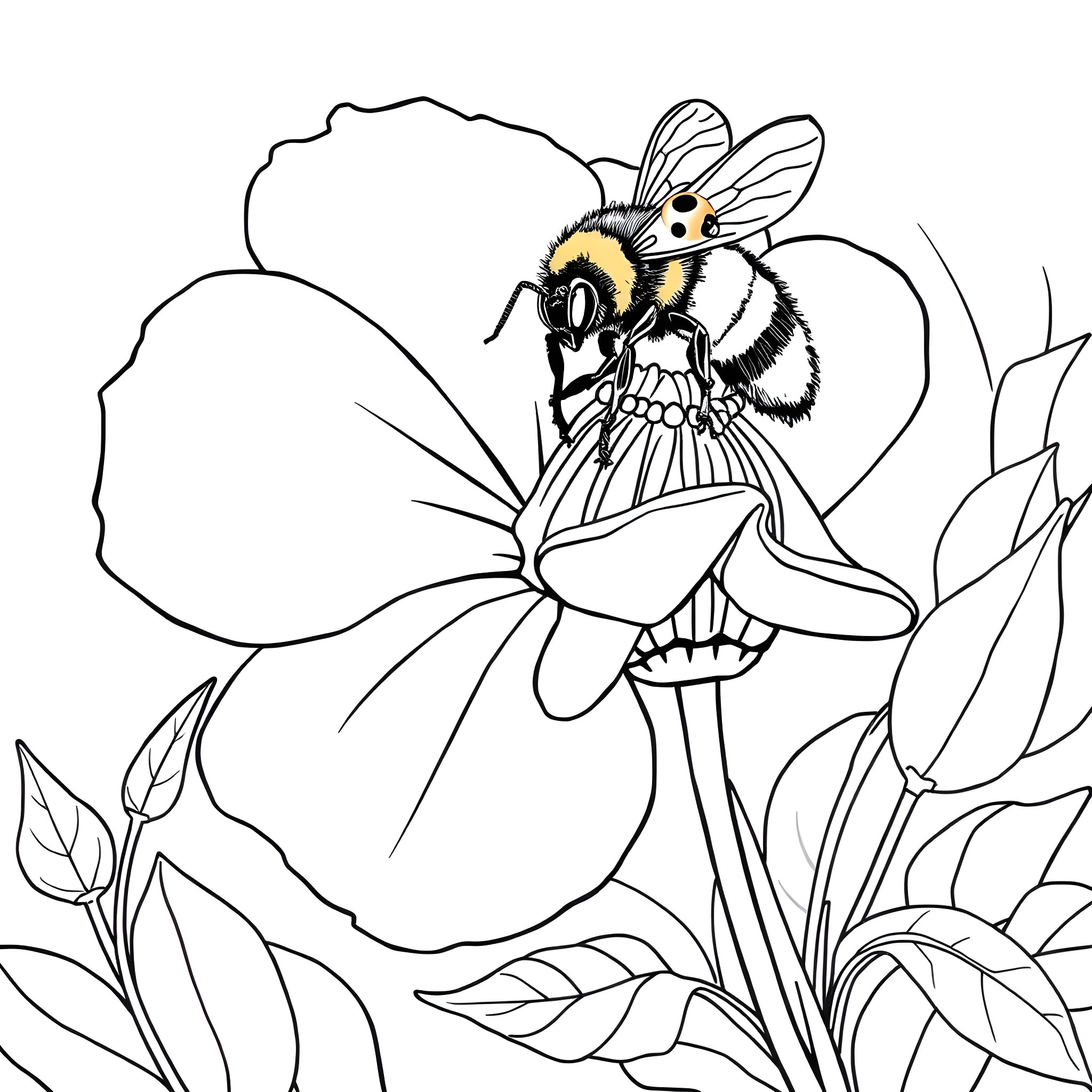 Bee pollinating a vibrant flower Coloring Page (free black-and-white line drawing printable PDF for all, from beginners to advanced learners, including children, teens, adults, and seniors)