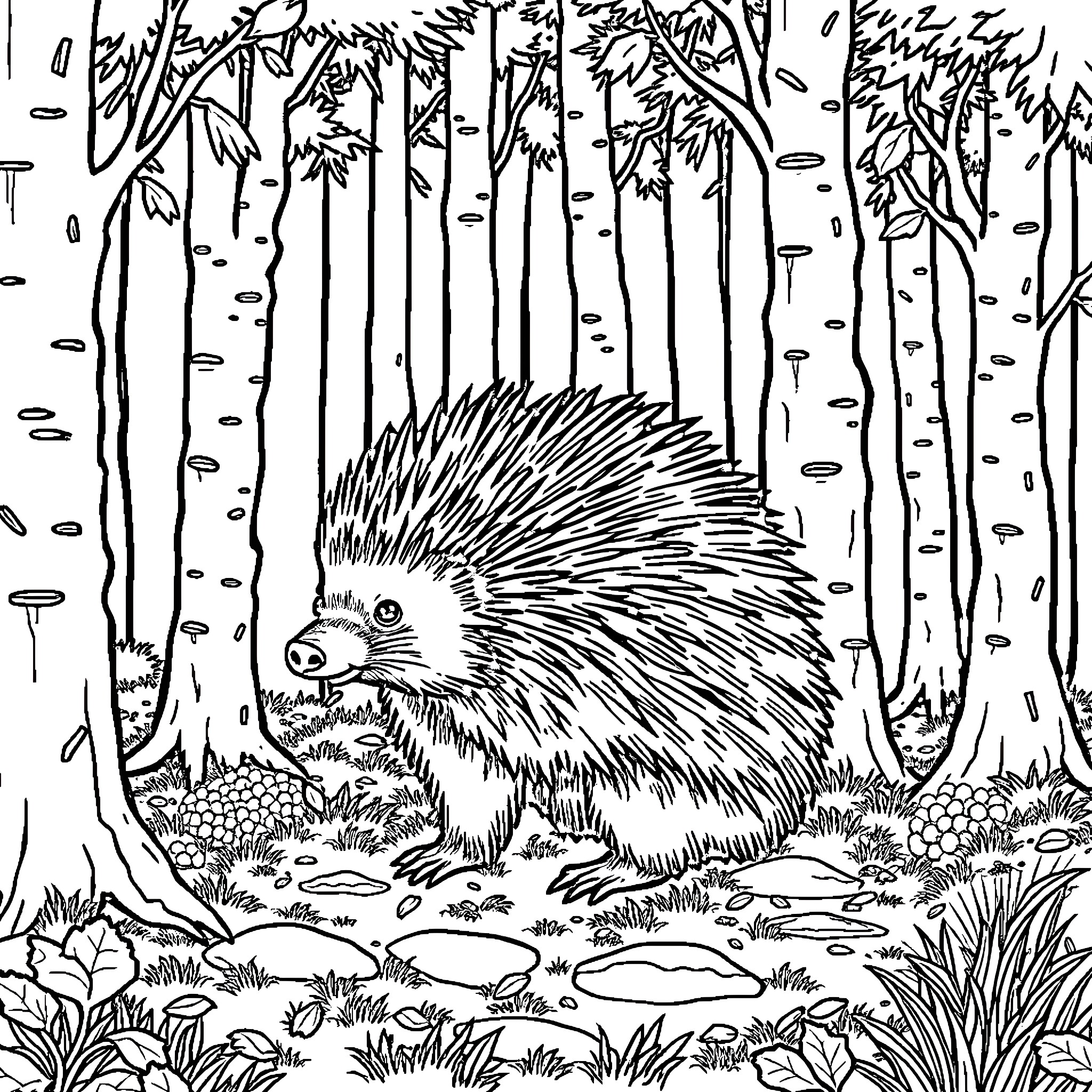 Porcupine in a Tranquil Forest Coloring Page (free black-and-white line drawing printable PDF for all, from beginners to advanced learners, including children, teens, adults, and seniors)