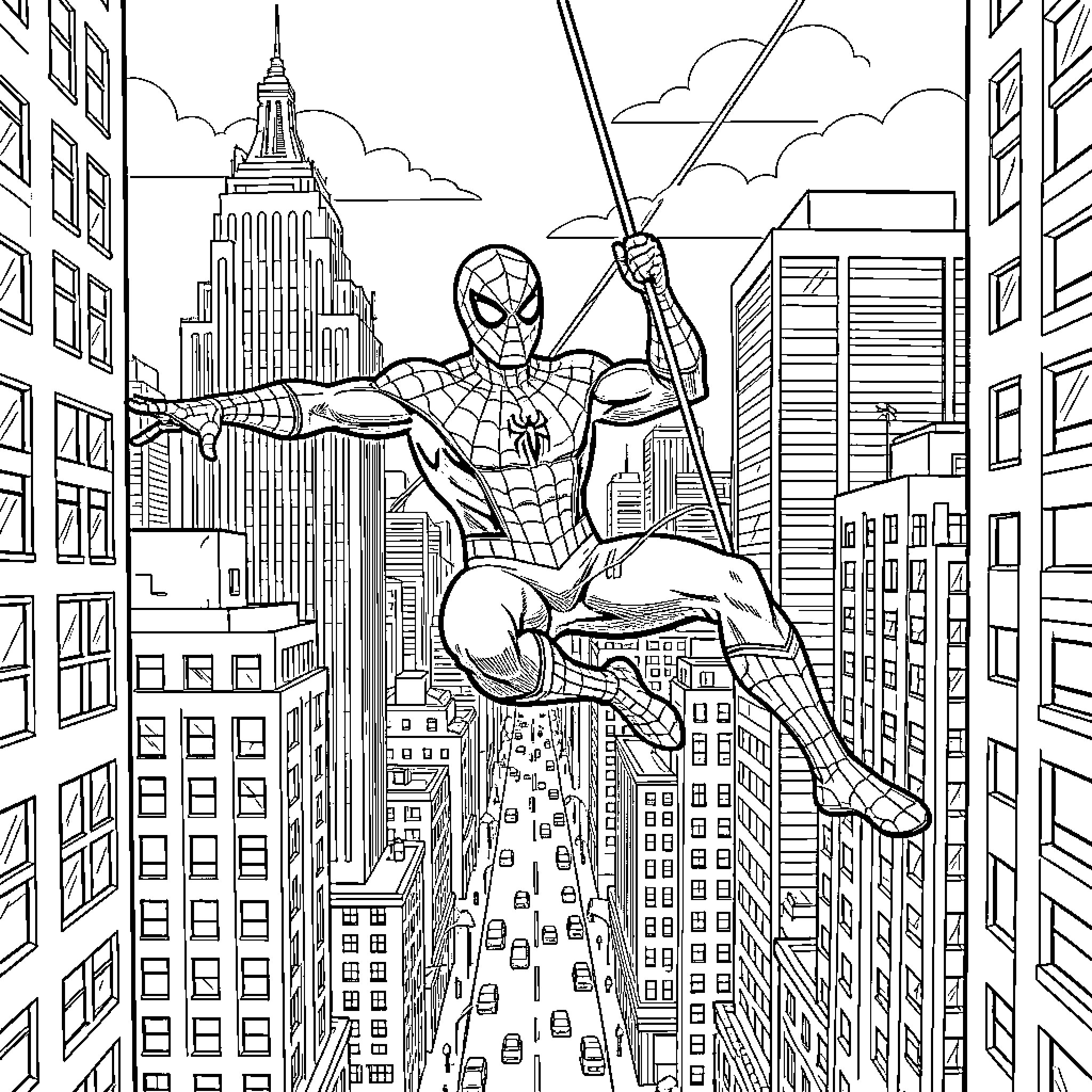 Spiderman swinging through a busy city skyscraper landscape Coloring Page (free black-and-white line drawing printable PDF for all, from beginners to advanced learners, including children, teens, adults, and seniors)