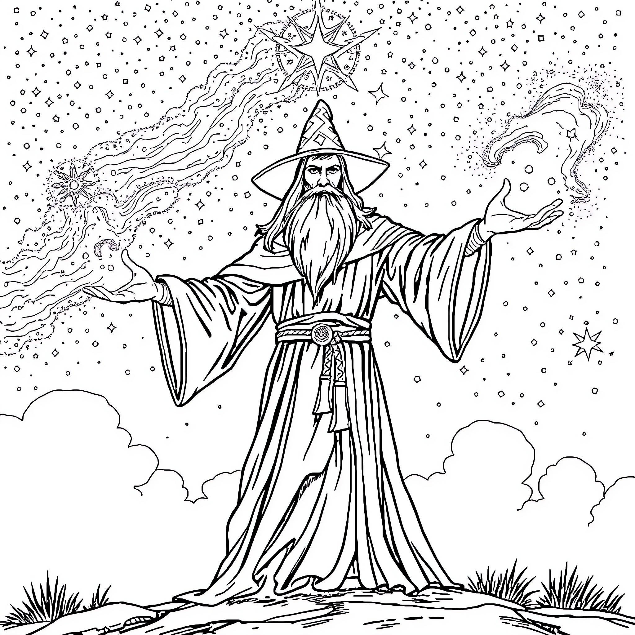 Wizard casting spells in the starry night sky Coloring Page (free black-and-white line drawing printable PDF for all, from beginners to advanced learners, including children, teens, adults, and seniors)
