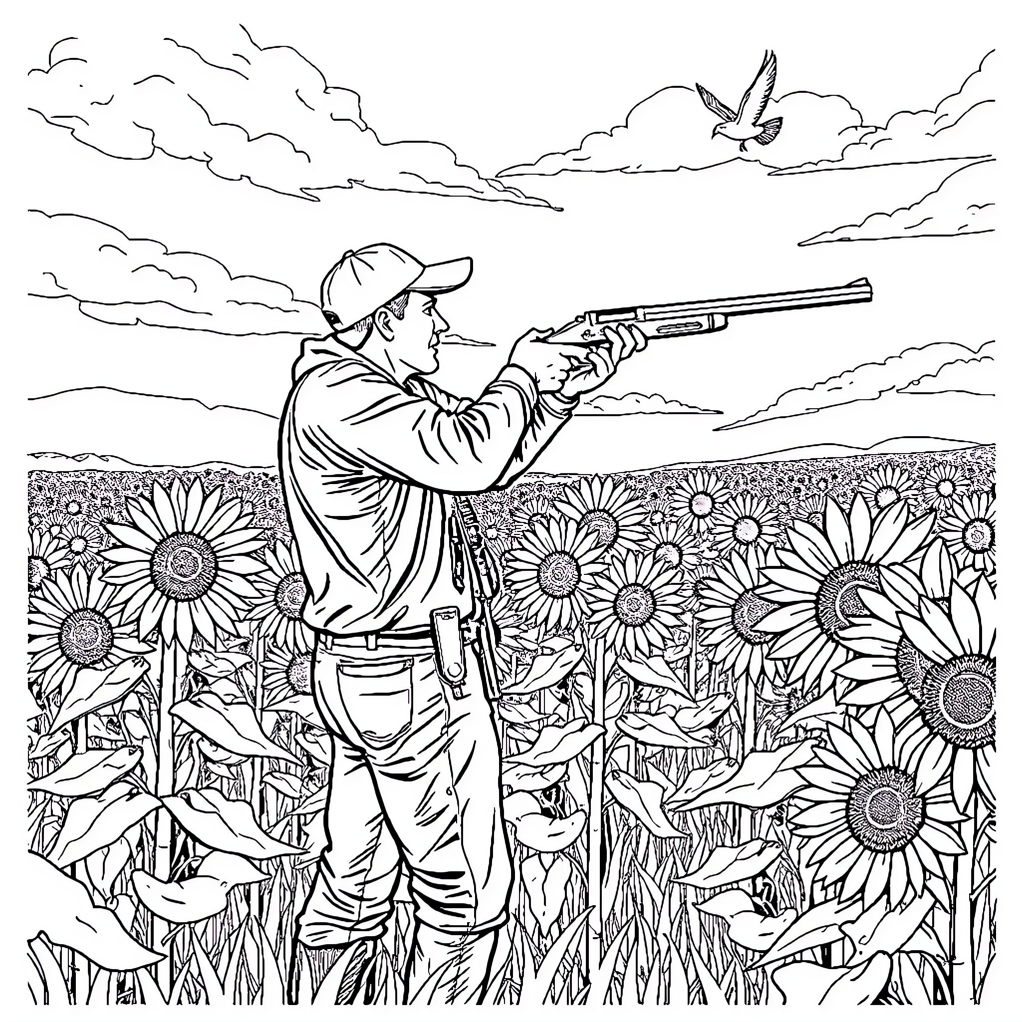 Hunter tracking birds through sunflower field Coloring Page (free black-and-white line drawing printable PDF for all, from beginners to advanced learners, including children, teens, adults, and seniors)