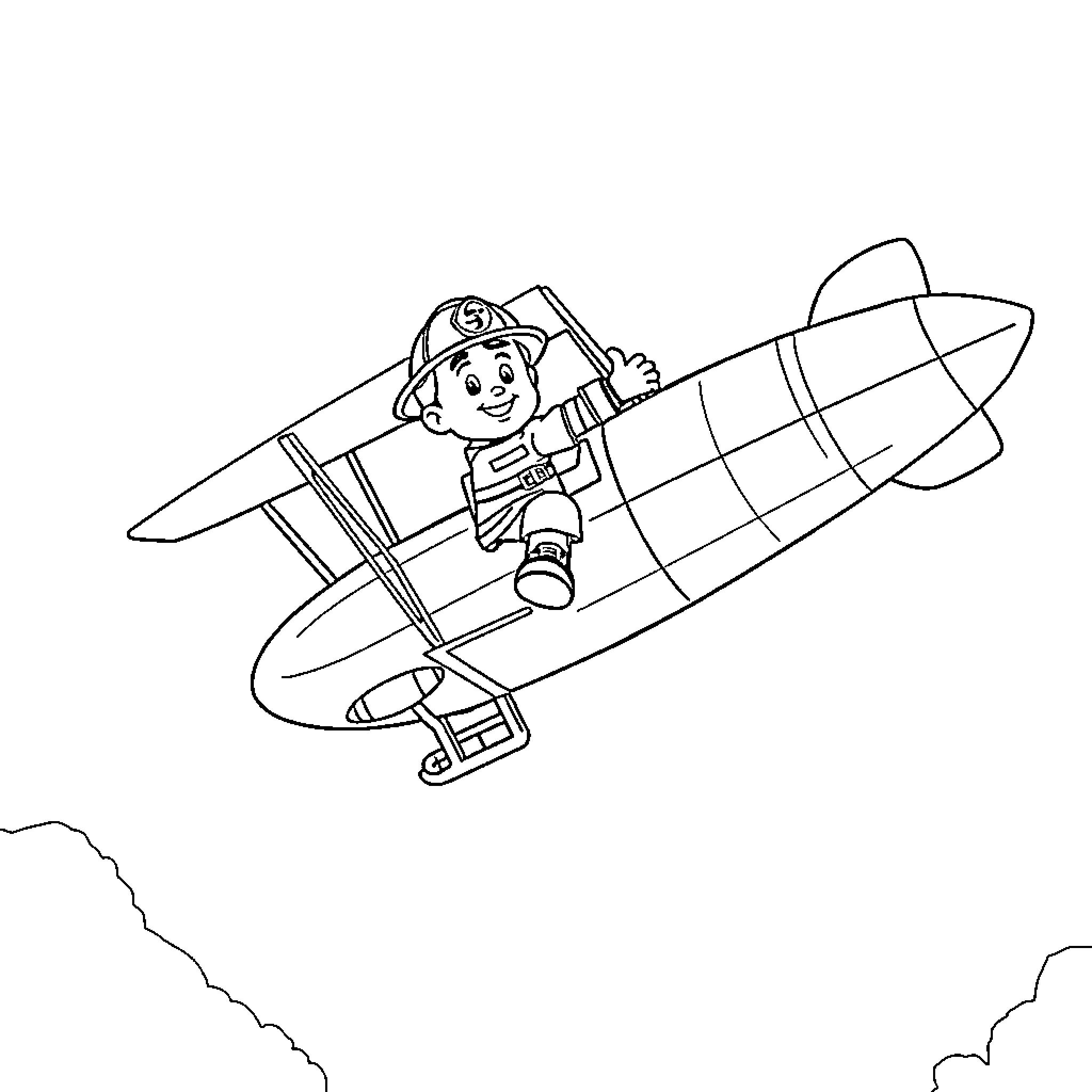 Fireman Sam flying in a biplane Coloring Page (free black-and-white line drawing printable PDF for all, from beginners to advanced learners, including children, teens, adults, and seniors)