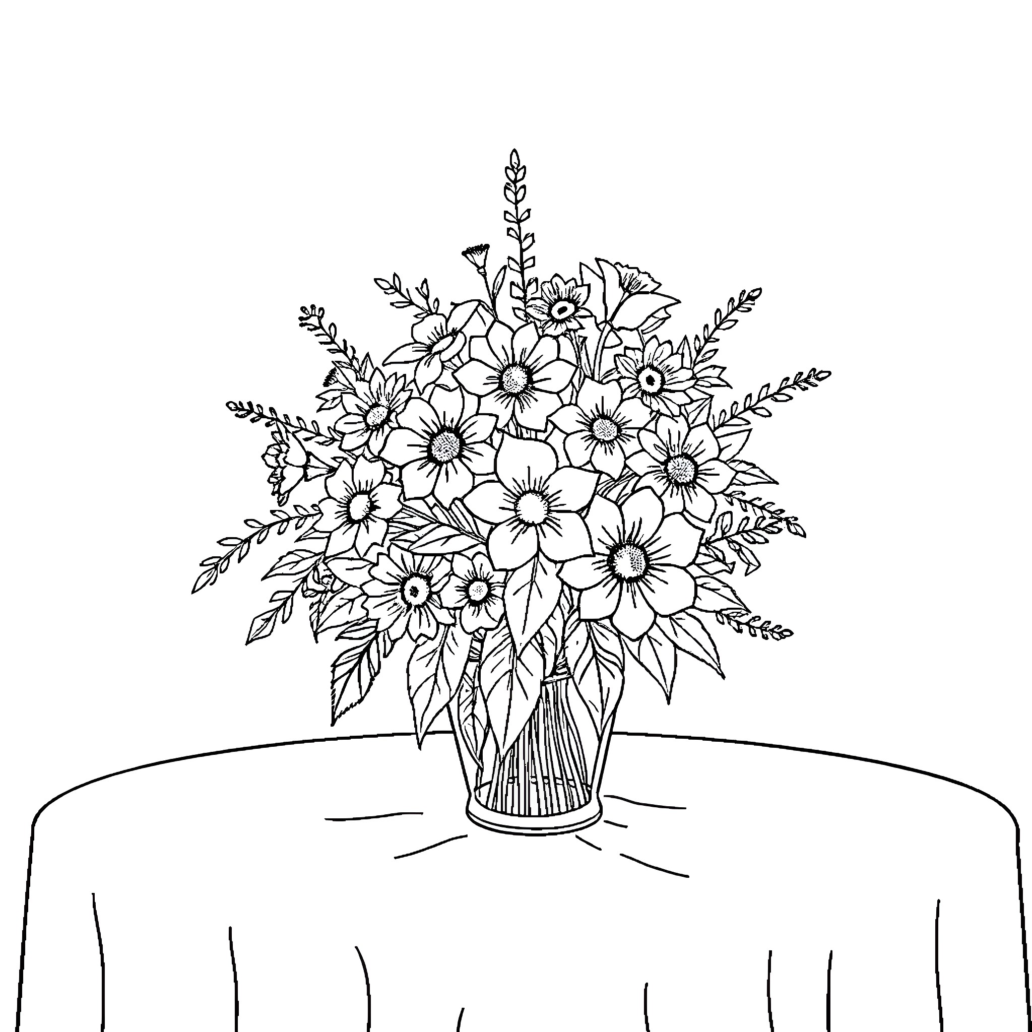 Flower Bouquet Arrangement on Table Coloring Page (free black-and-white line drawing printable PDF for all, from beginners to advanced learners, including children, teens, adults, and seniors)