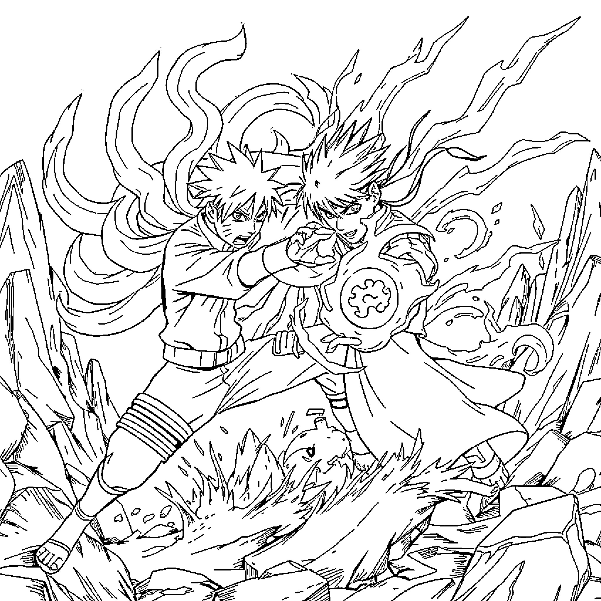 Naruto characters in intense battle with jutsu effects Coloring Page (free black-and-white line drawing printable PDF for all, from beginners to advanced learners, including children, teens, adults, and seniors)