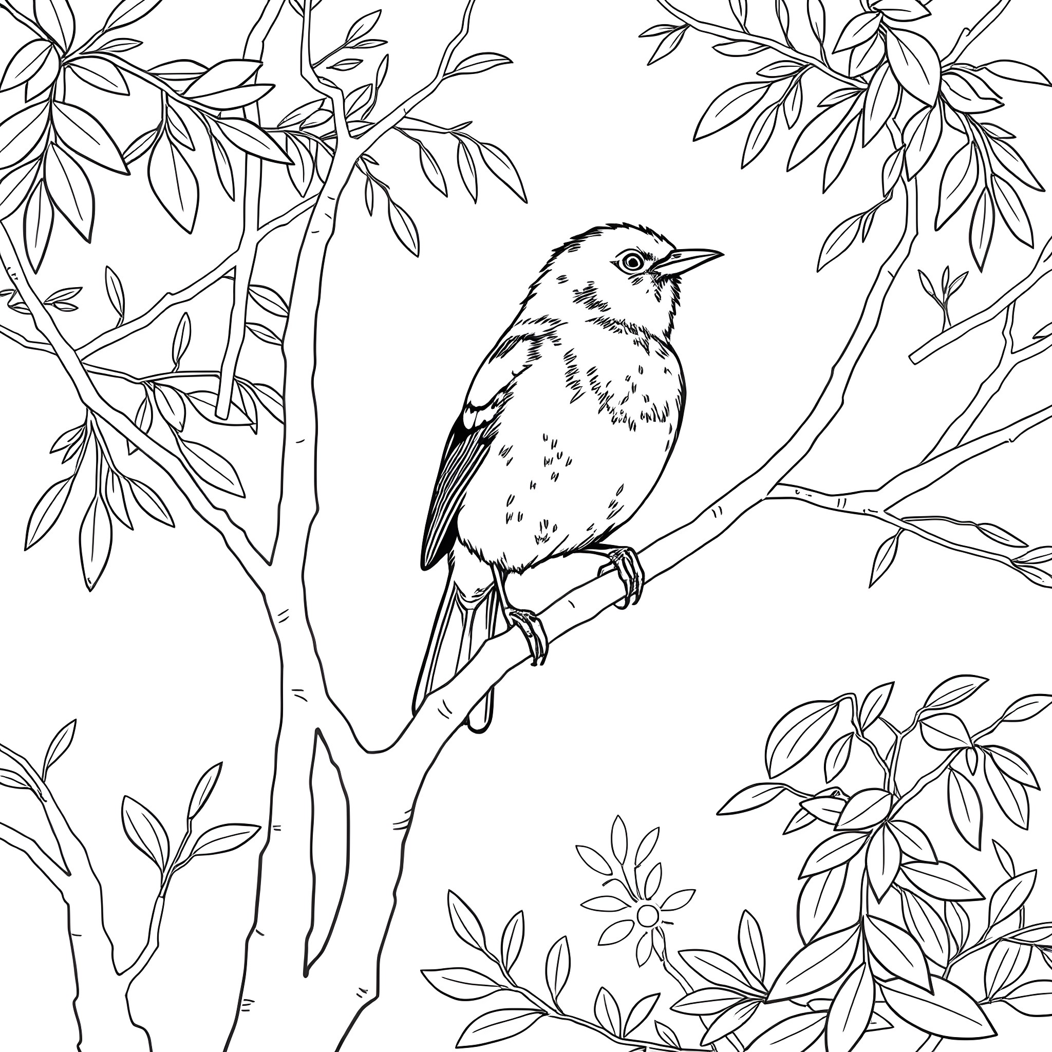 Summer Tanager perched on a branch Coloring Page (free black-and-white line drawing printable PDF for all, from beginners to advanced learners, including children, teens, adults, and seniors)